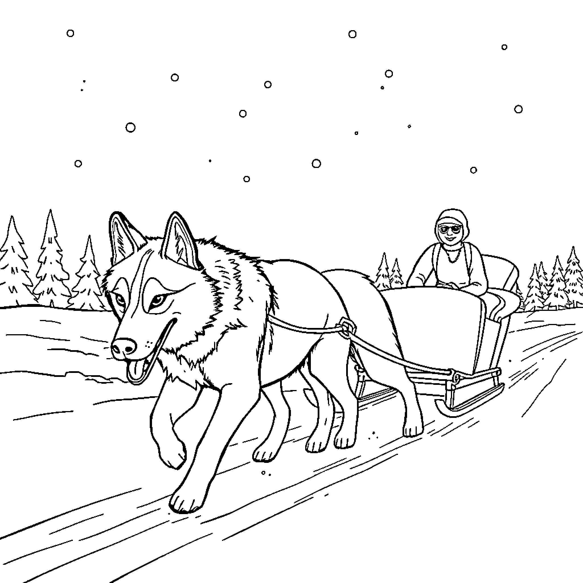 Husky pulling sled through snowy landscape Coloring Page (free black-and-white line drawing printable PDF for all, from beginners to advanced learners, including children, teens, adults, and seniors)