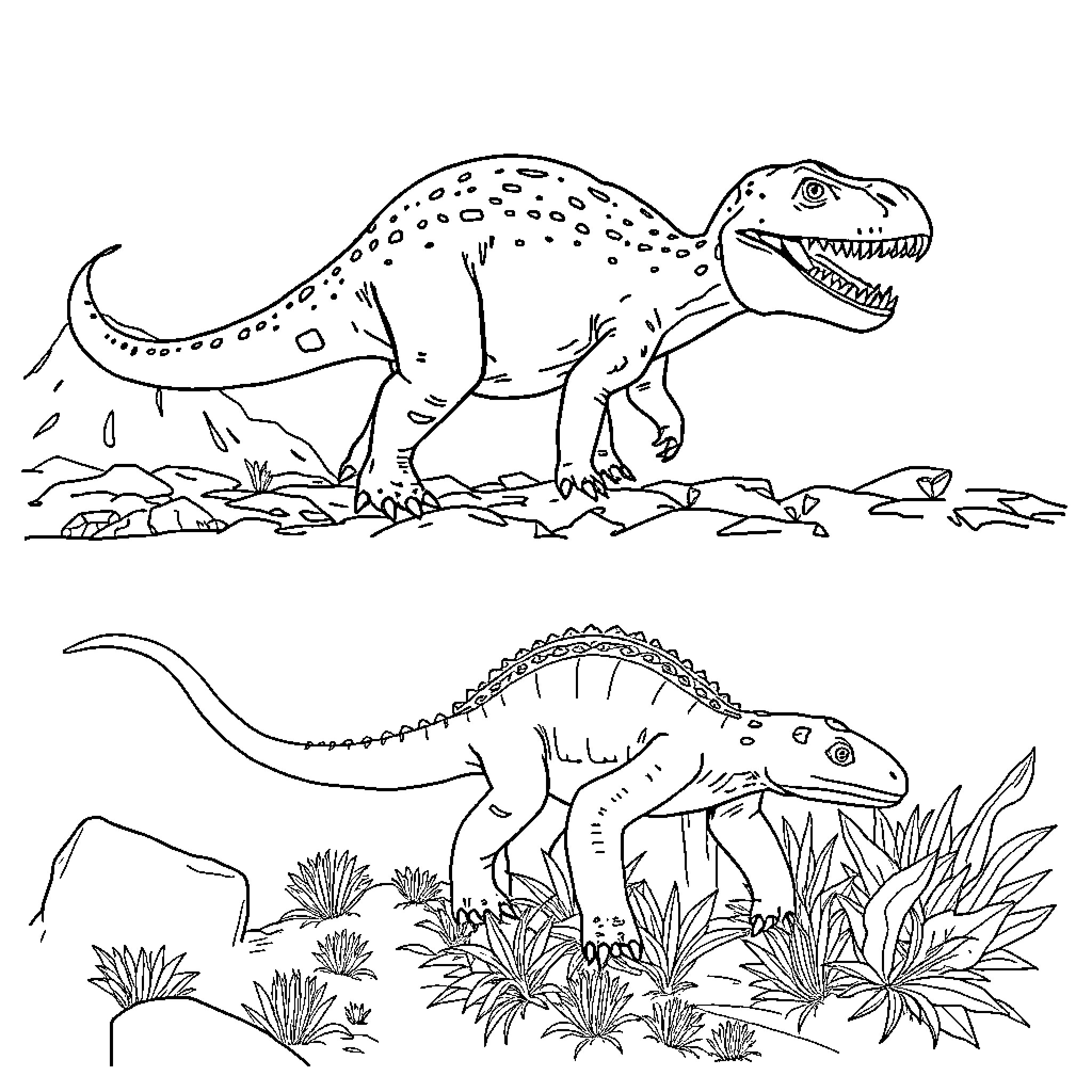 Dinosaurs exploring the prehistoric landscape Coloring Page (free black-and-white line drawing printable PDF for all, from beginners to advanced learners, including children, teens, adults, and seniors)