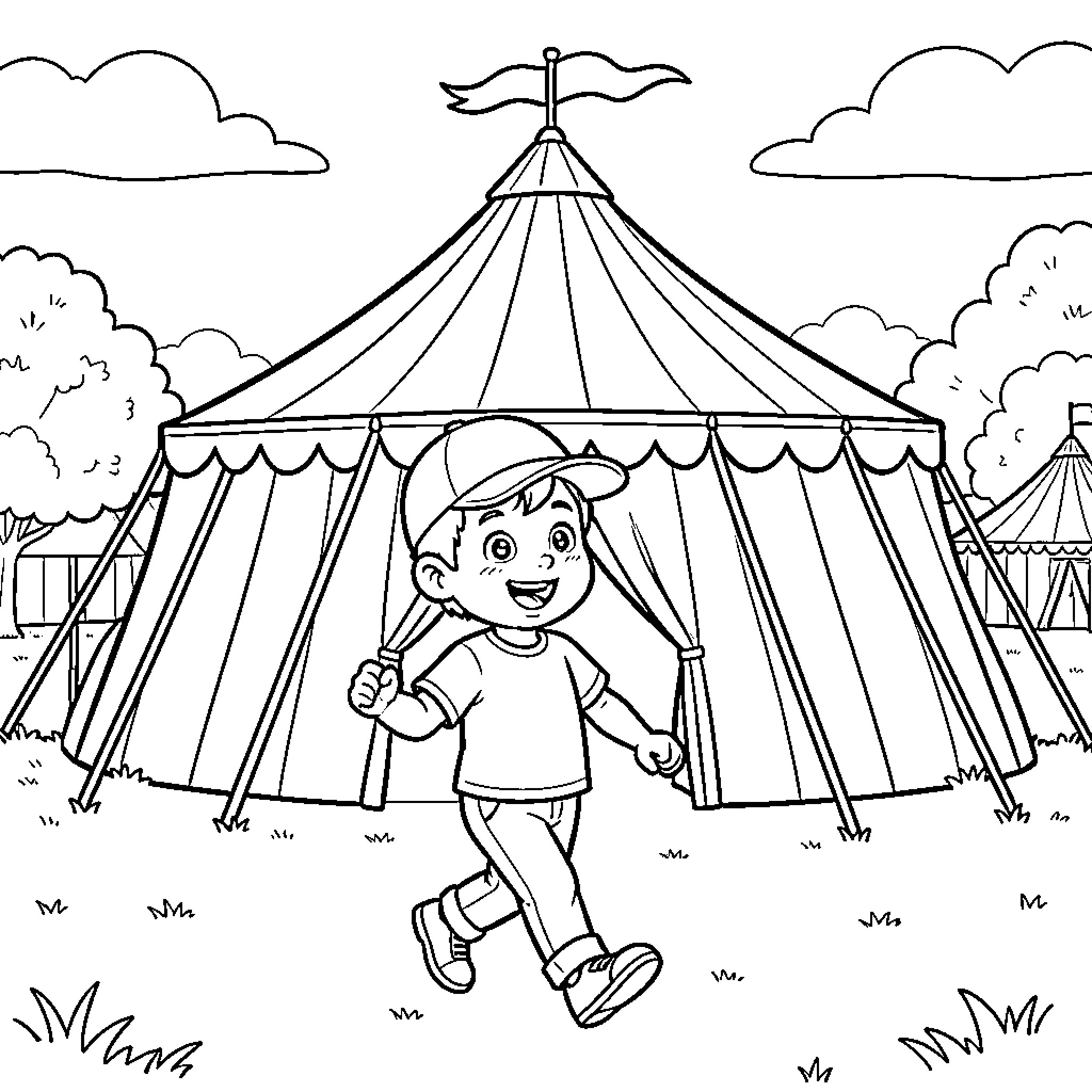 Boy having fun at the circus tent Coloring Page (free black-and-white line drawing printable PDF for all, from beginners to advanced learners, including children, teens, adults, and seniors)