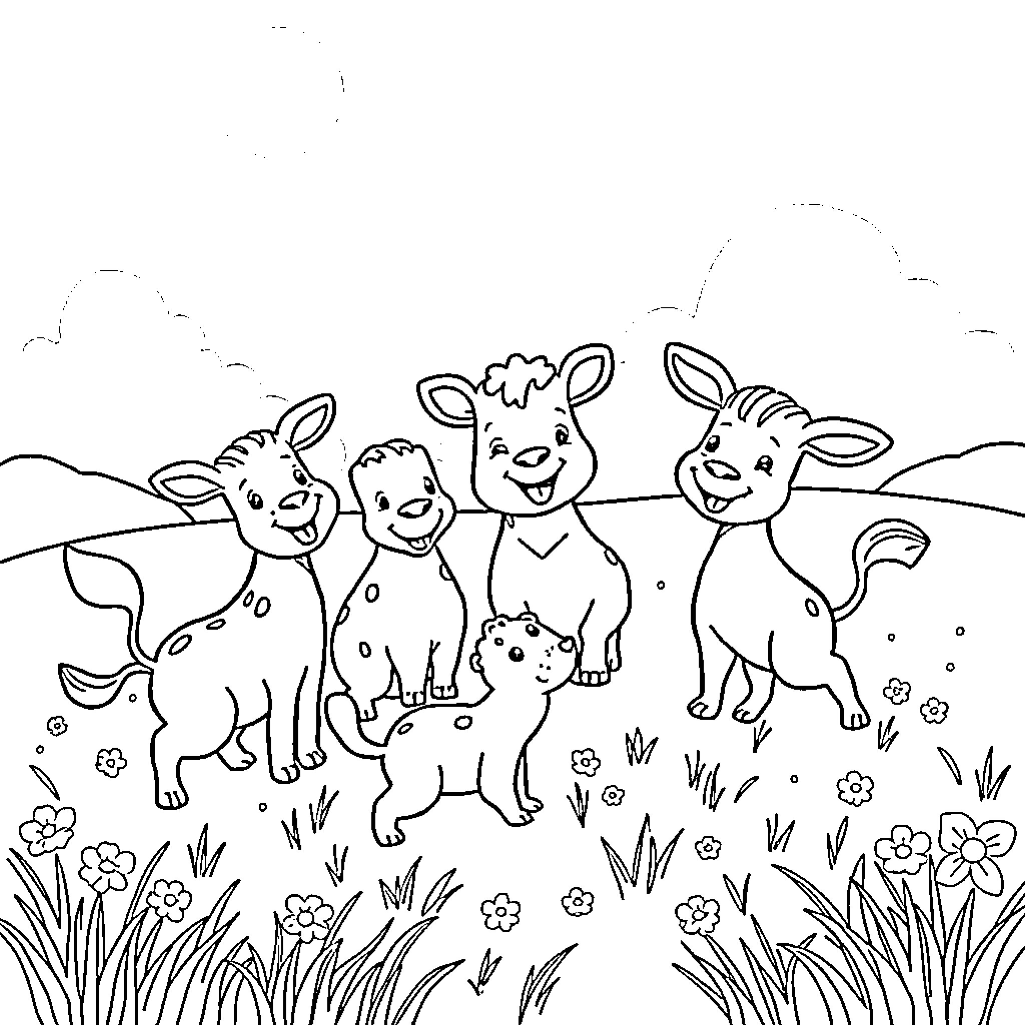 Animal Friends Enjoying the Outdoors Coloring Page (free black-and-white line drawing printable PDF for all, from beginners to advanced learners, including children, teens, adults, and seniors)