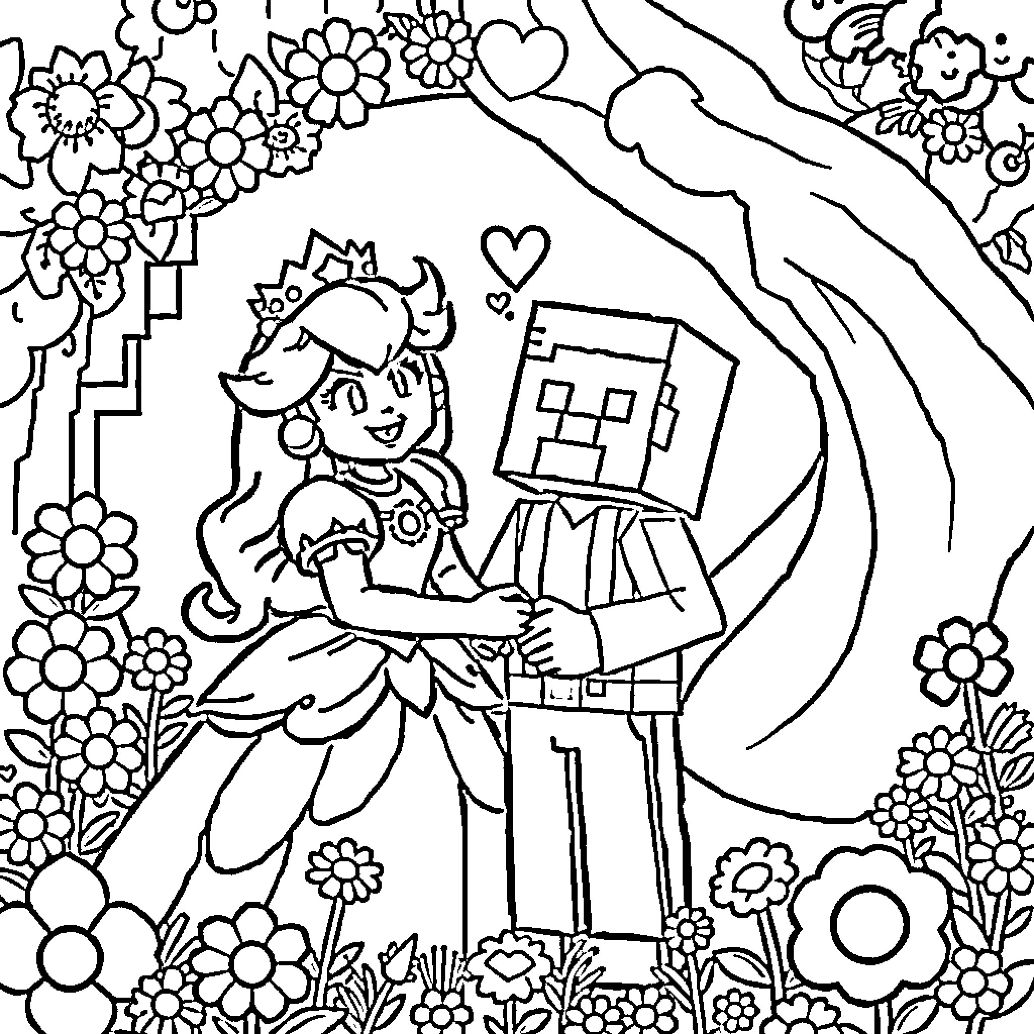 Princess and Robot Embrace in Flower Garden Coloring Page (free black-and-white line drawing printable PDF for all, from beginners to advanced learners, including children, teens, adults, and seniors)