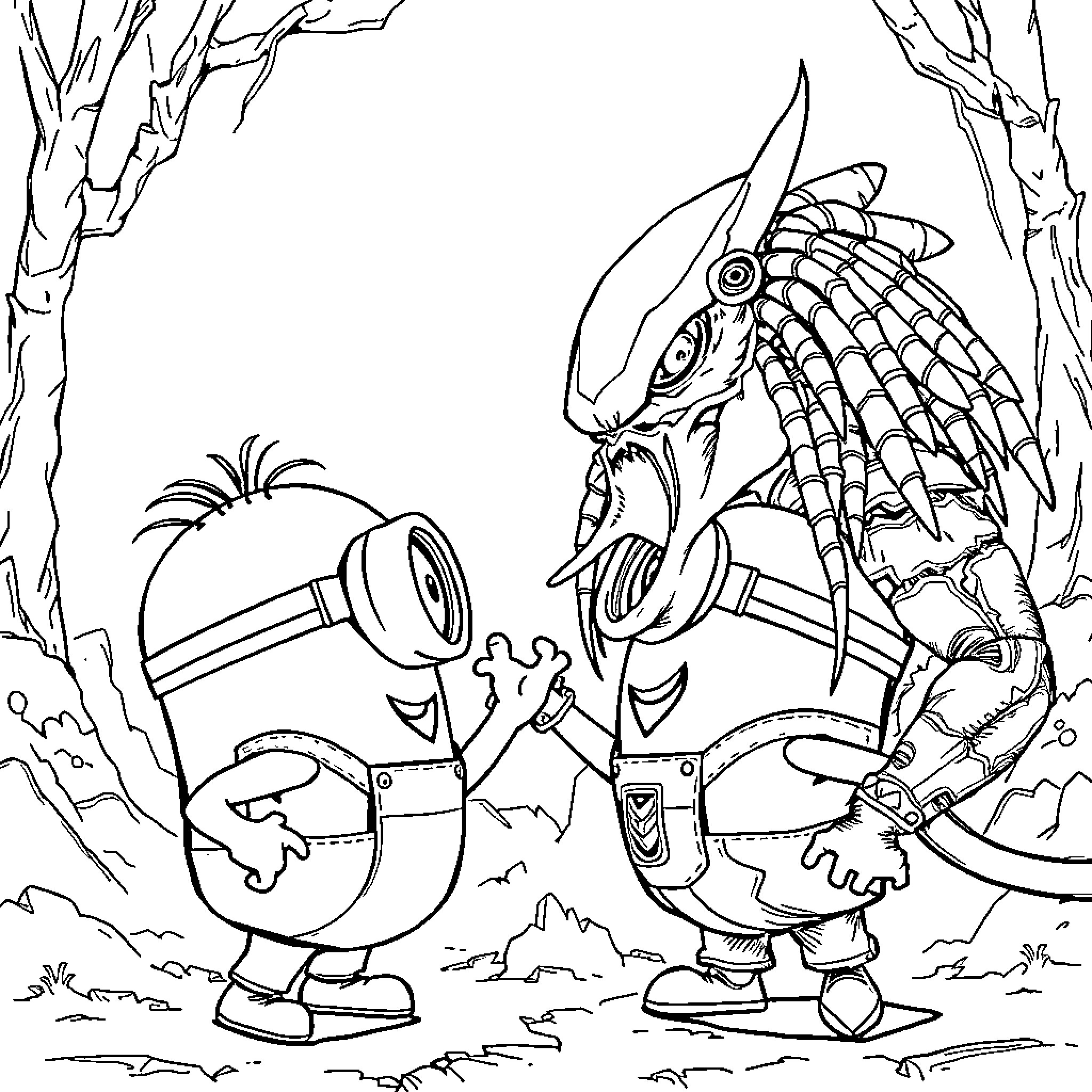 Minions encountering a mysterious creature in the forest Coloring Page (free black-and-white line drawing printable PDF for all, from beginners to advanced learners, including children, teens, adults, and seniors)
