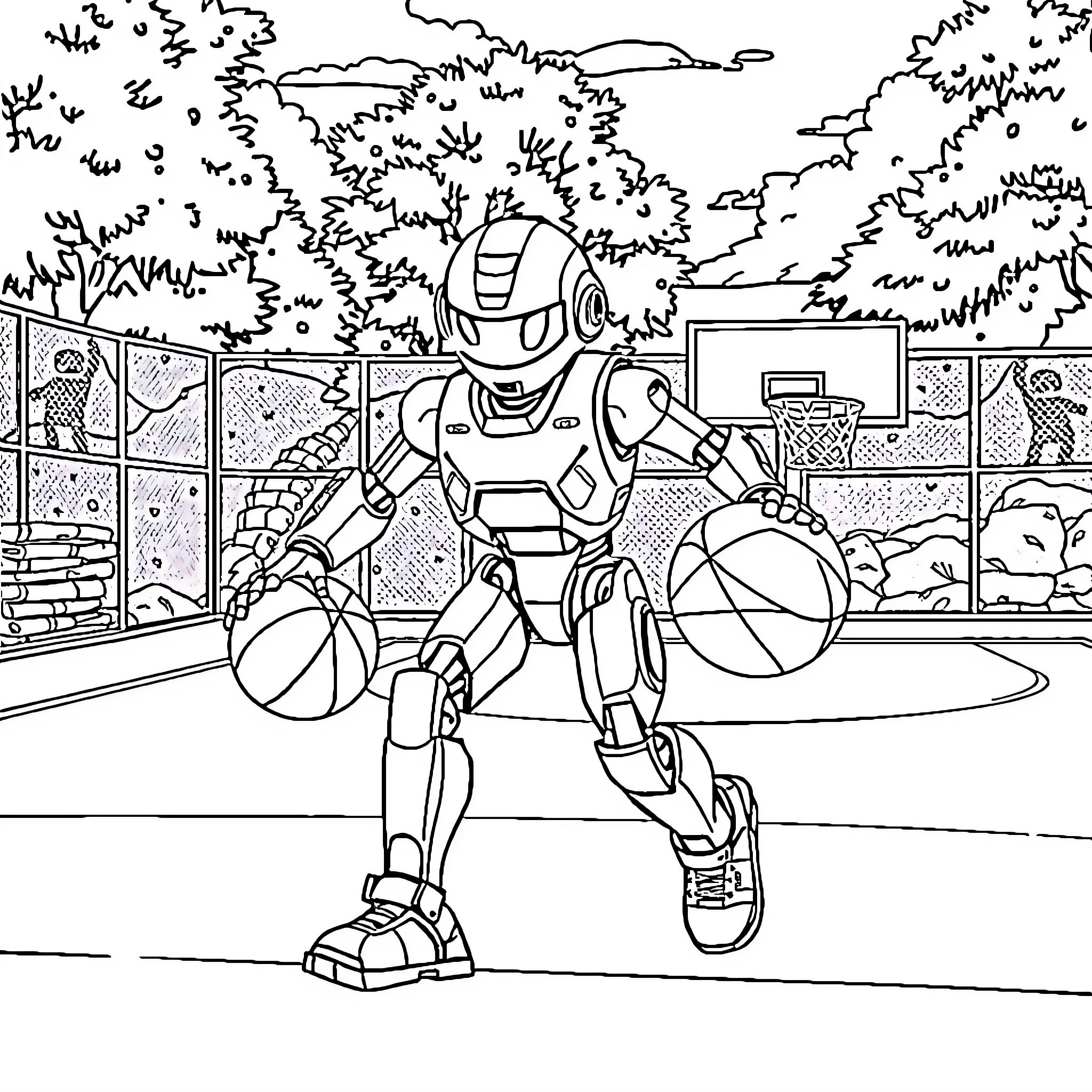 Robot Playing Basketball in the Park Coloring Page (free black-and-white line drawing printable PDF for all, from beginners to advanced learners, including children, teens, adults, and seniors)