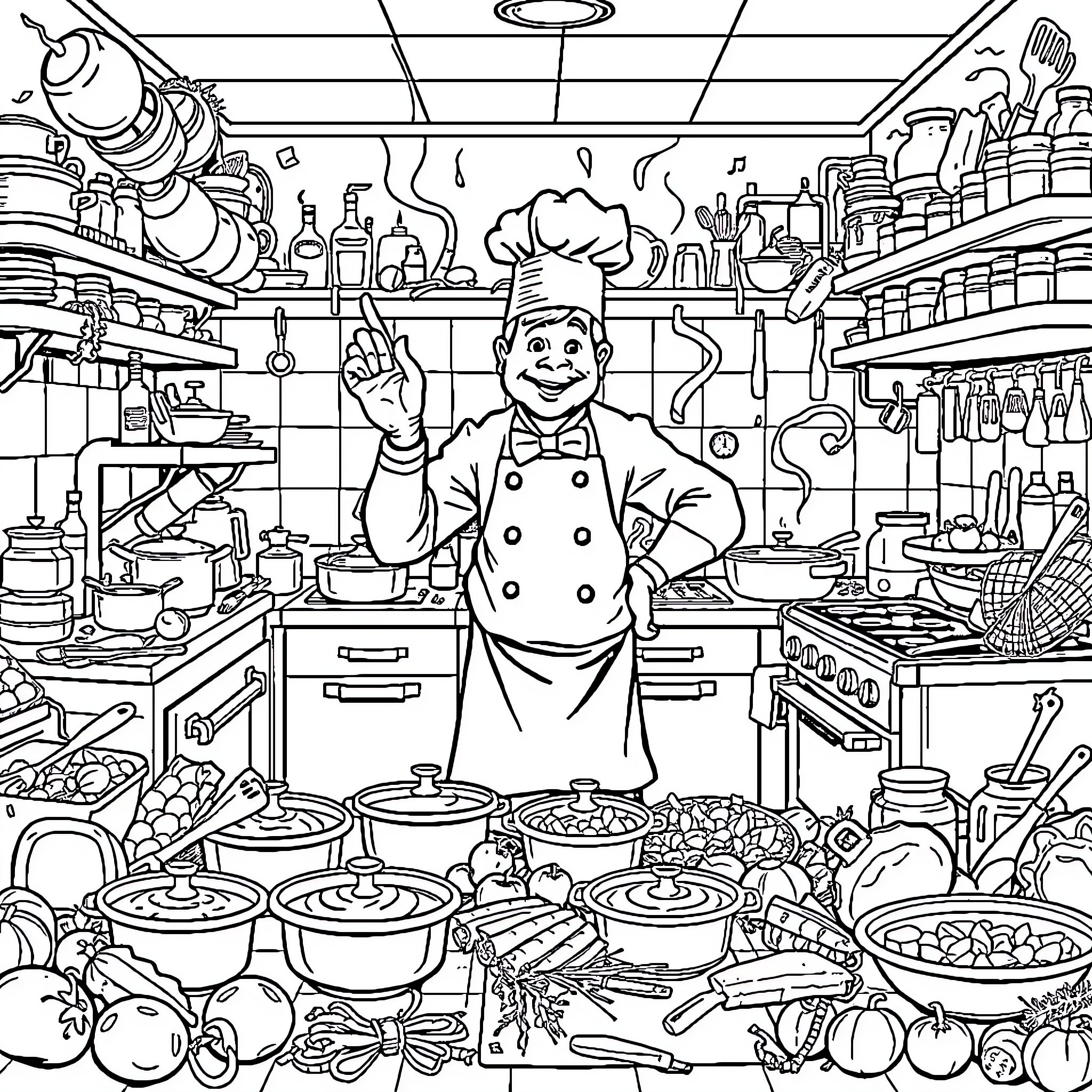 Chef cooking deliciously in a busy kitchen Coloring Page (free black-and-white line drawing printable PDF for all, from beginners to advanced learners, including children, teens, adults, and seniors)