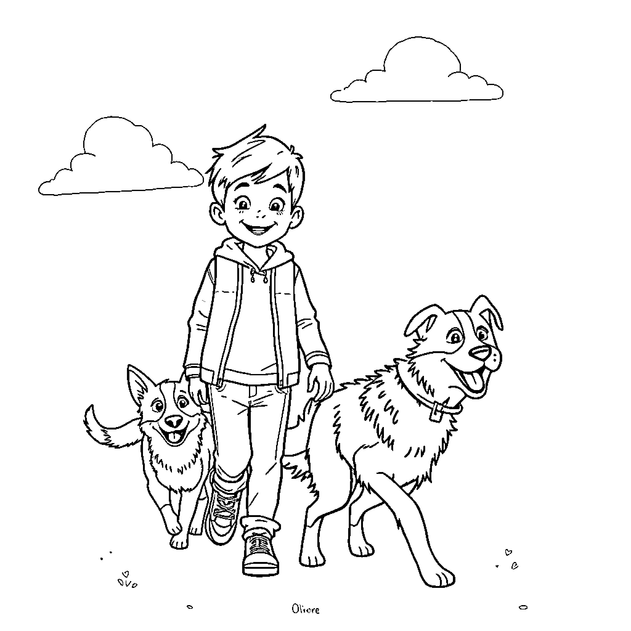 Oliver playing with his dogs in the park Coloring Page (free black-and-white line drawing printable PDF for all, from beginners to advanced learners, including children, teens, adults, and seniors)