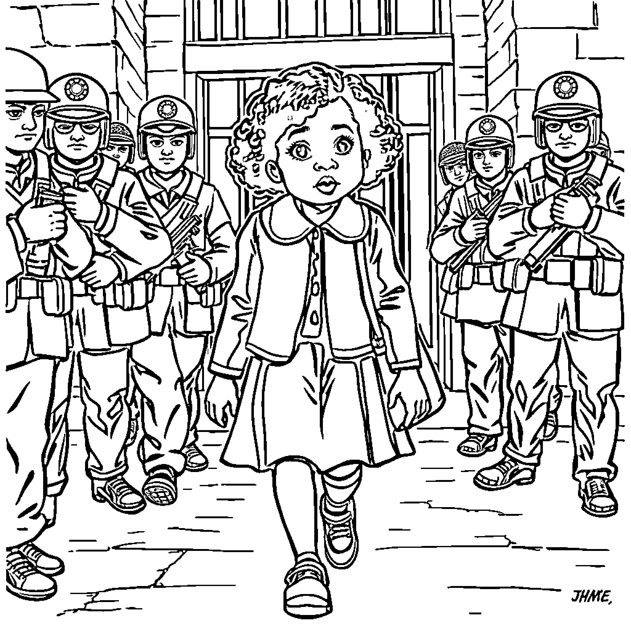 Ruby Bridges Escorted to School by Federal Marshals Coloring Page (free black-and-white line drawing printable PDF for all, from beginners to advanced learners, including children, teens, adults, and seniors)