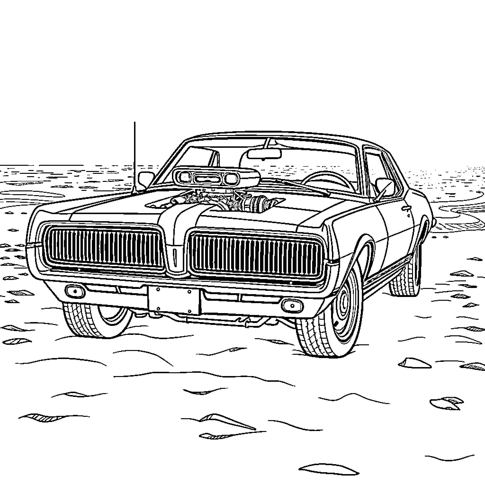 Mercury Cougar driving through the desert landscape Coloring Page (free black-and-white line drawing printable PDF for all, from beginners to advanced learners, including children, teens, adults, and seniors)