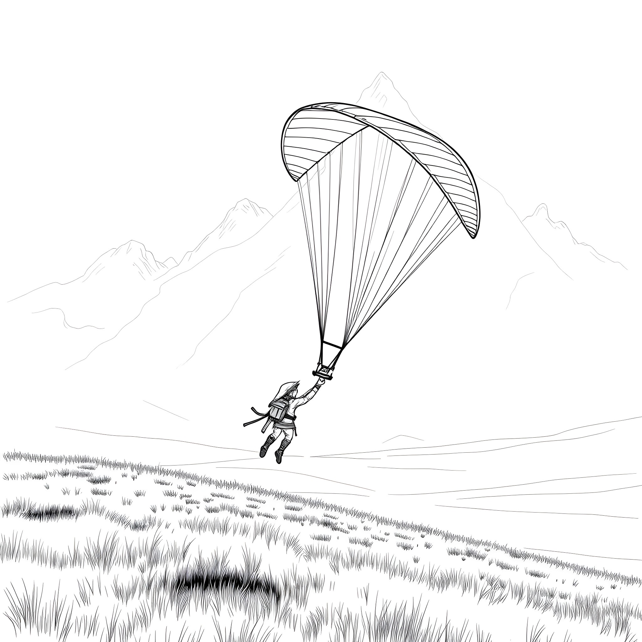 Link soaring through the sky on a paraglider Coloring Page (free black-and-white line drawing printable PDF for all, from beginners to advanced learners, including children, teens, adults, and seniors)