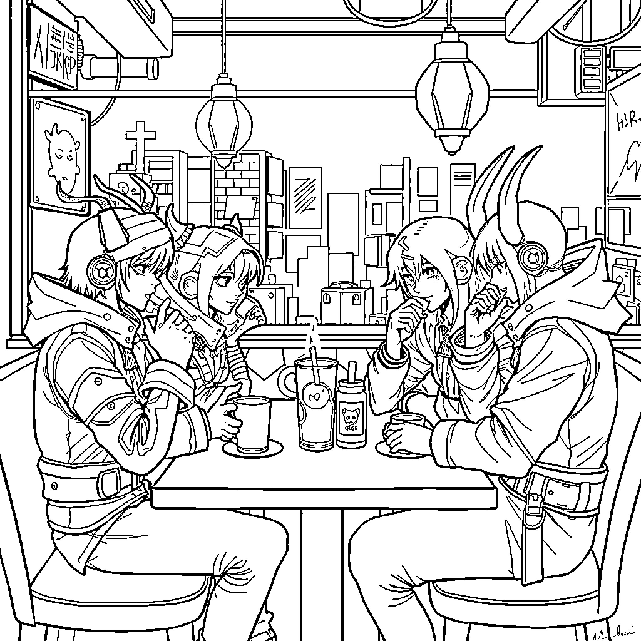 Demon Hunters Enjoying Drinks in a Lively Cafe Coloring Page (free black-and-white line drawing printable PDF for all, from beginners to advanced learners, including children, teens, adults, and seniors)