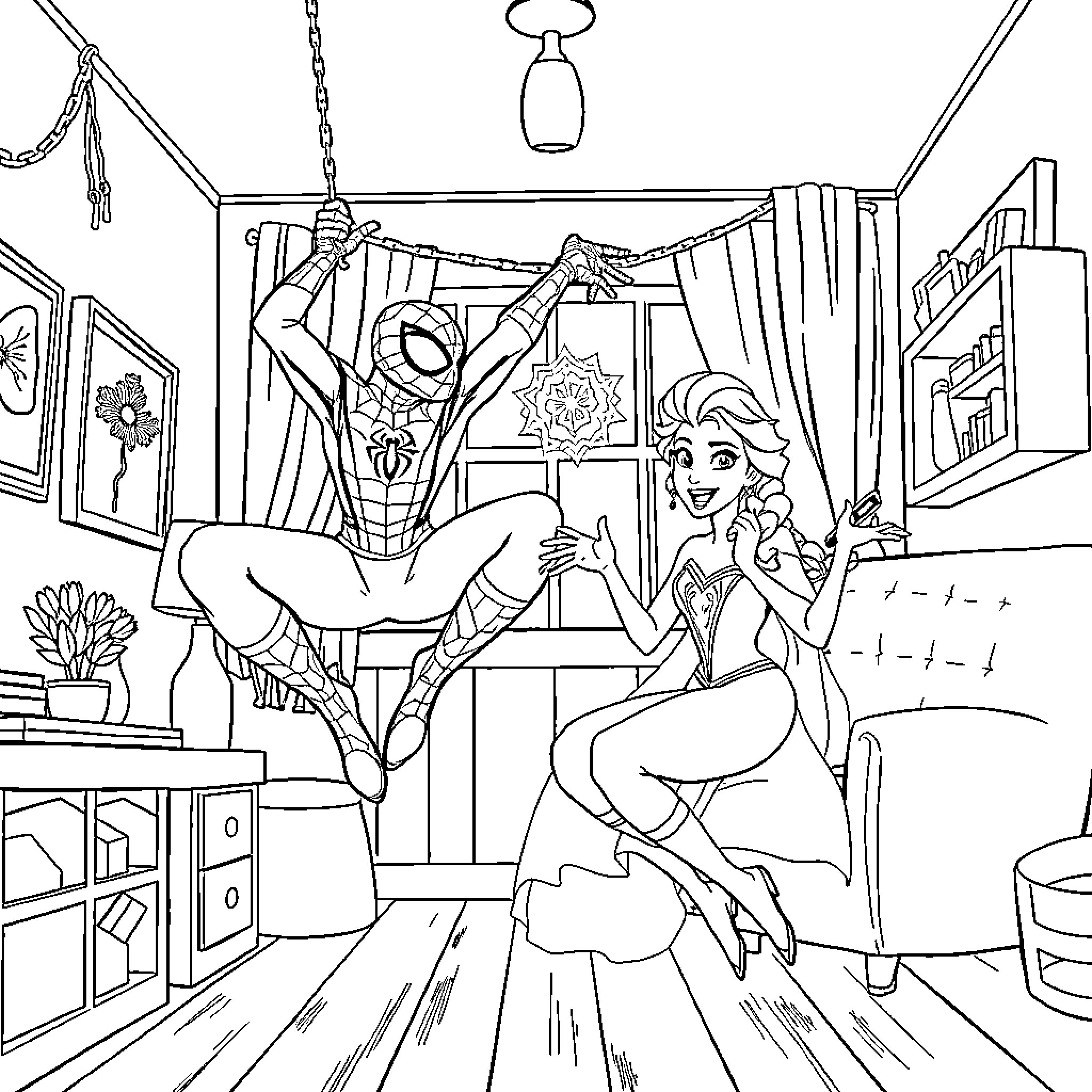 Spiderman helping a princess in her bedroom Coloring Page (free black-and-white line drawing printable PDF for all, from beginners to advanced learners, including children, teens, adults, and seniors)