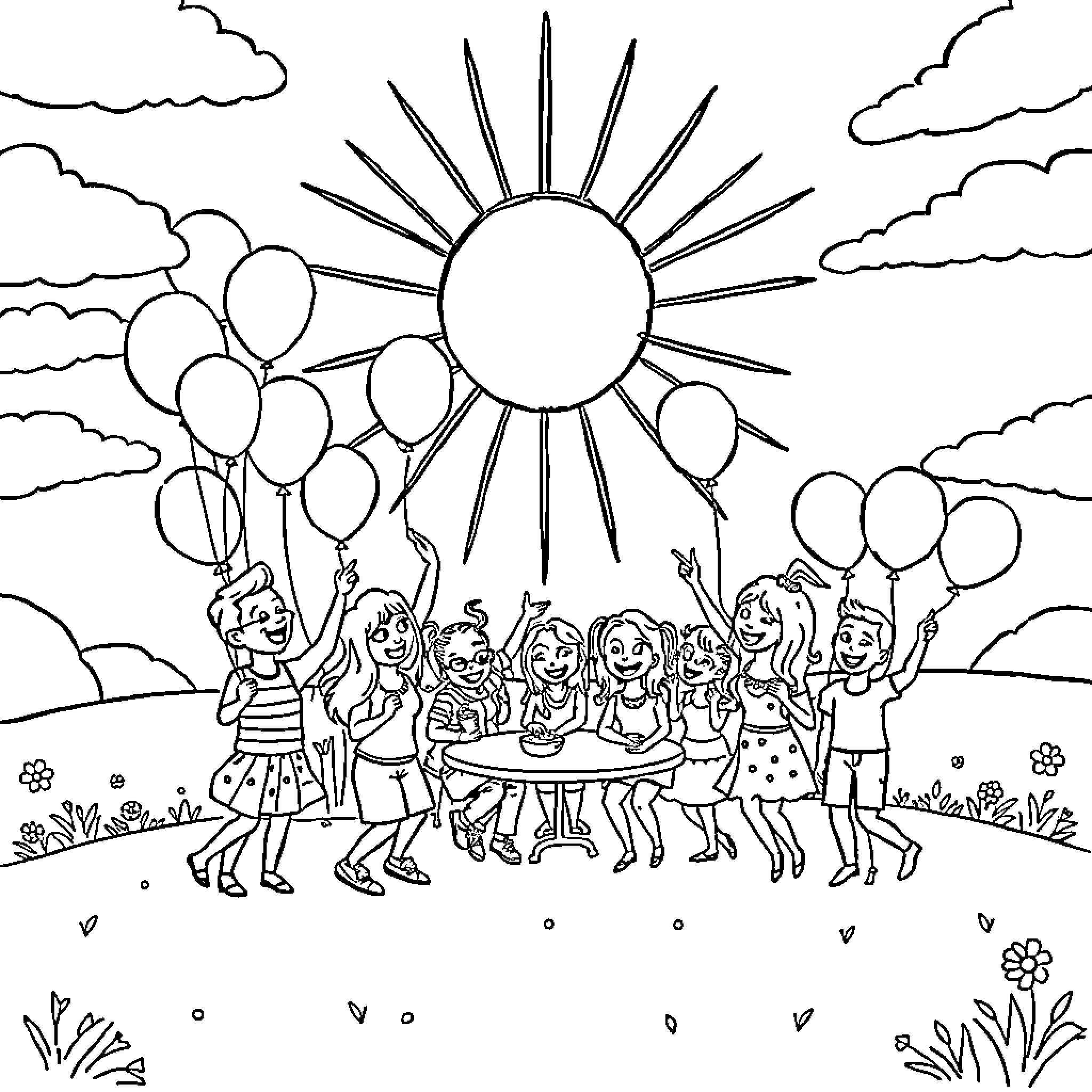 Sunshine-filled party with joyful people and balloons Coloring Page (free black-and-white line drawing printable PDF for all, from beginners to advanced learners, including children, teens, adults, and seniors)