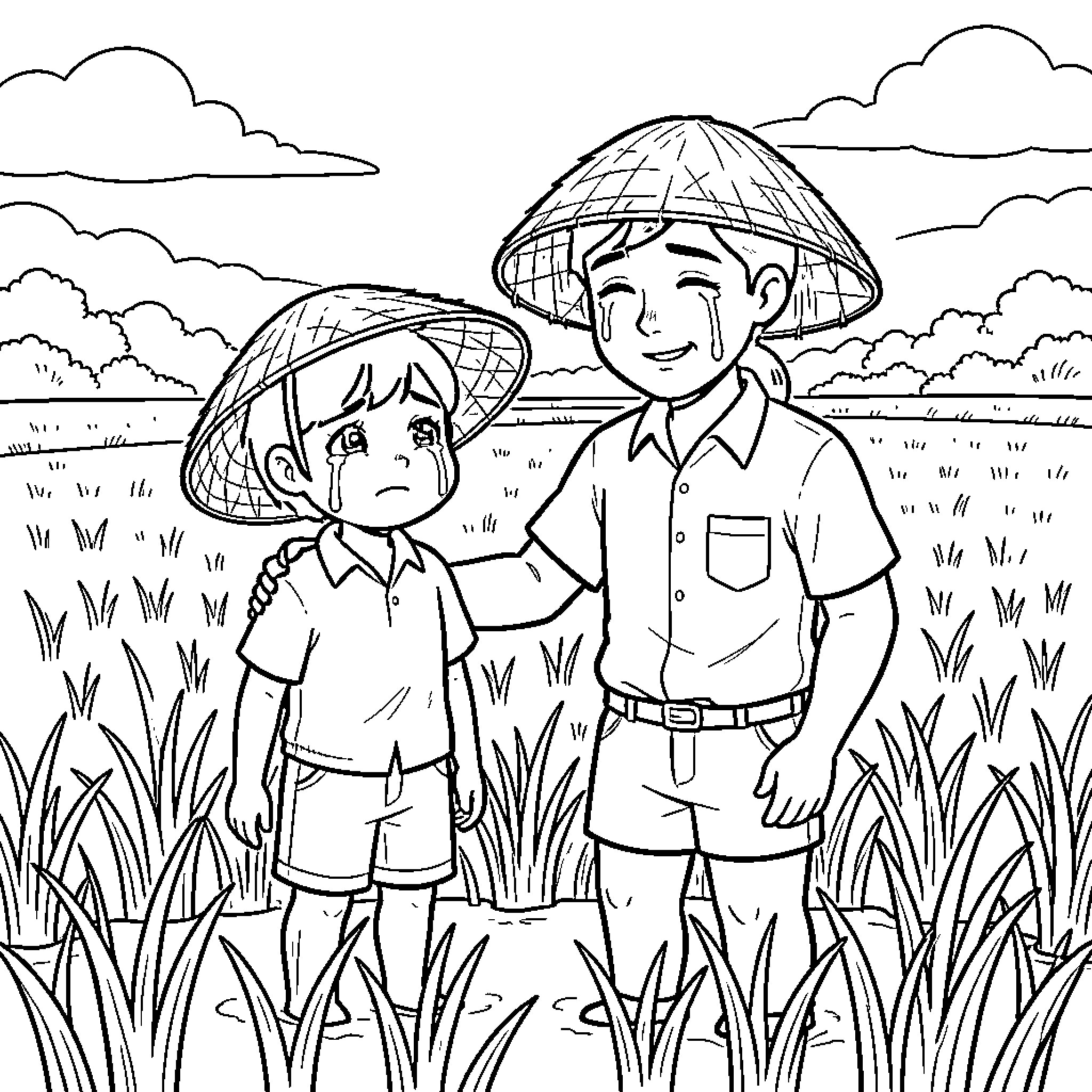 Farmer and Child in the Field Coloring Page (free black-and-white line drawing printable PDF for all, from beginners to advanced learners, including children, teens, adults, and seniors)