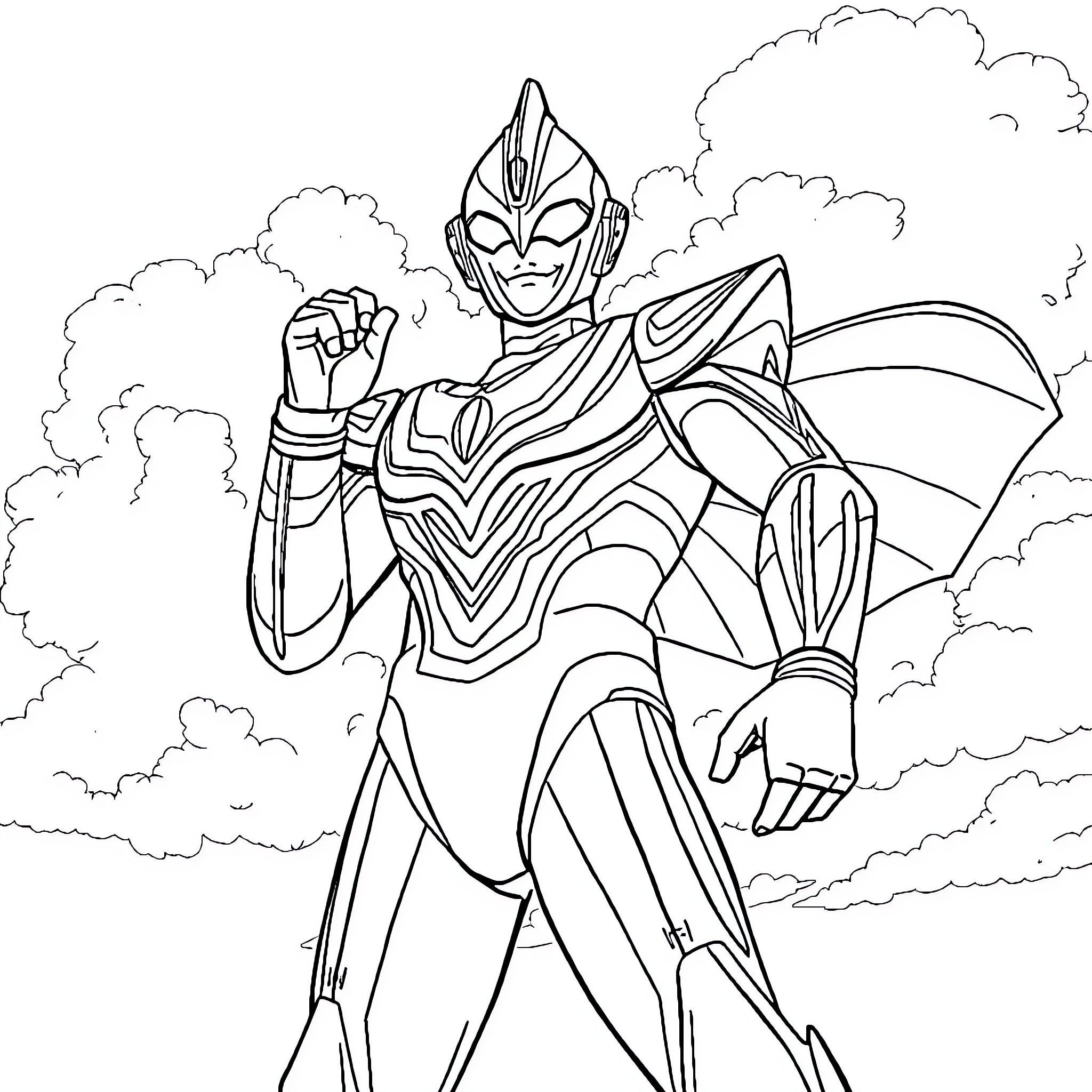 Ultraman heroically posing in the sky Coloring Page (free black-and-white line drawing printable PDF for all, from beginners to advanced learners, including children, teens, adults, and seniors)