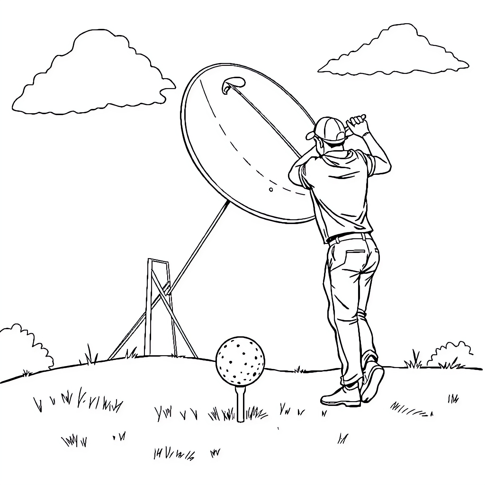 Golfer aligning satellite dish on golf course Coloring Page (free black-and-white line drawing printable PDF for all, from beginners to advanced learners, including children, teens, adults, and seniors)