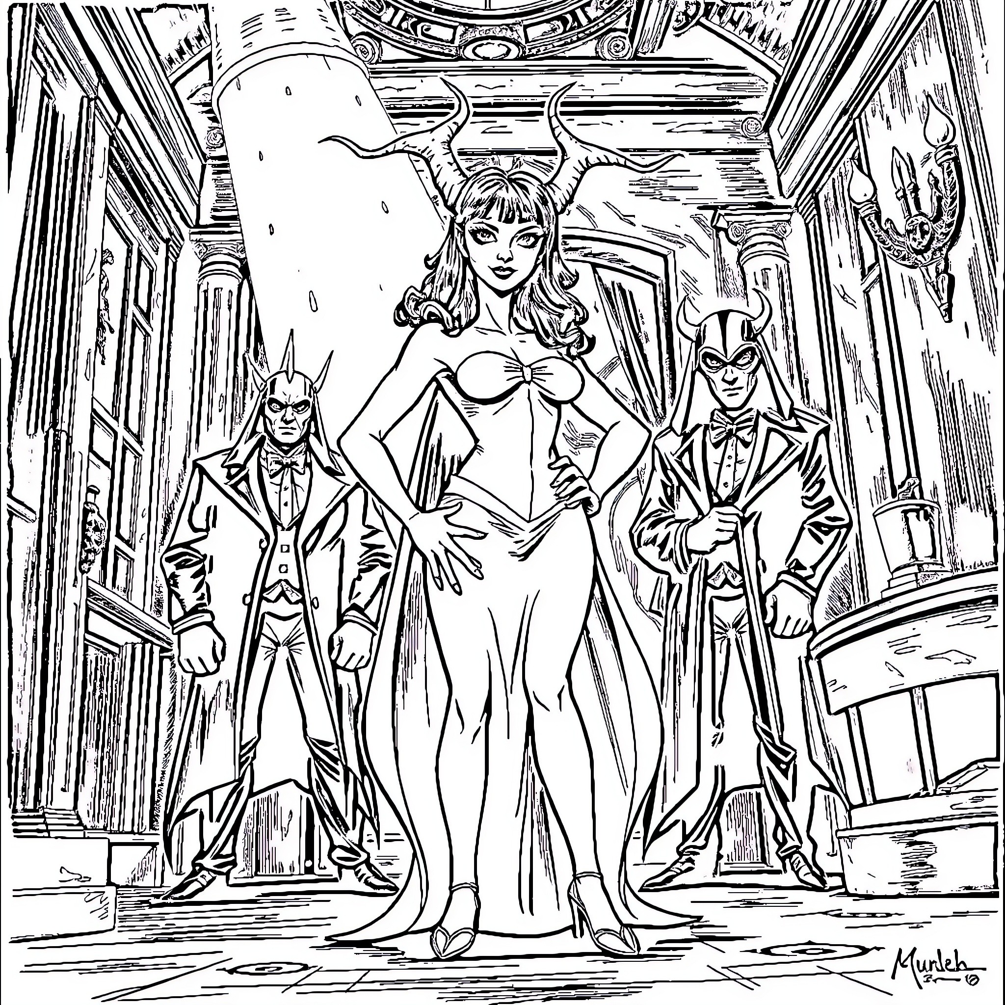 Sibby's Masquerade Ball of Mystery and Intrigue Coloring Page (free black-and-white line drawing printable PDF for all, from beginners to advanced learners, including children, teens, adults, and seniors)