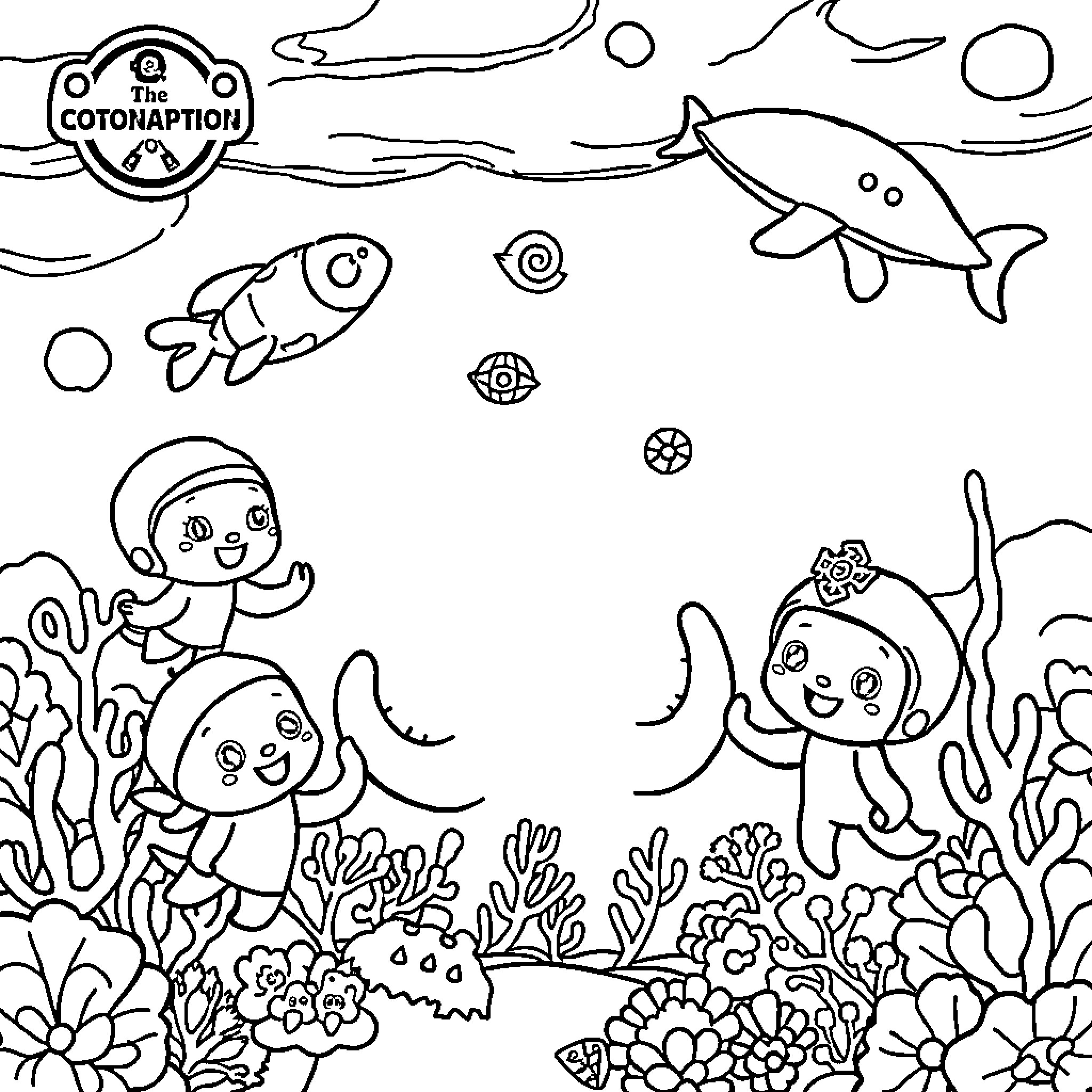 Octonauts exploring a colorful underwater world Coloring Page (free black-and-white line drawing printable PDF for all, from beginners to advanced learners, including children, teens, adults, and seniors)
