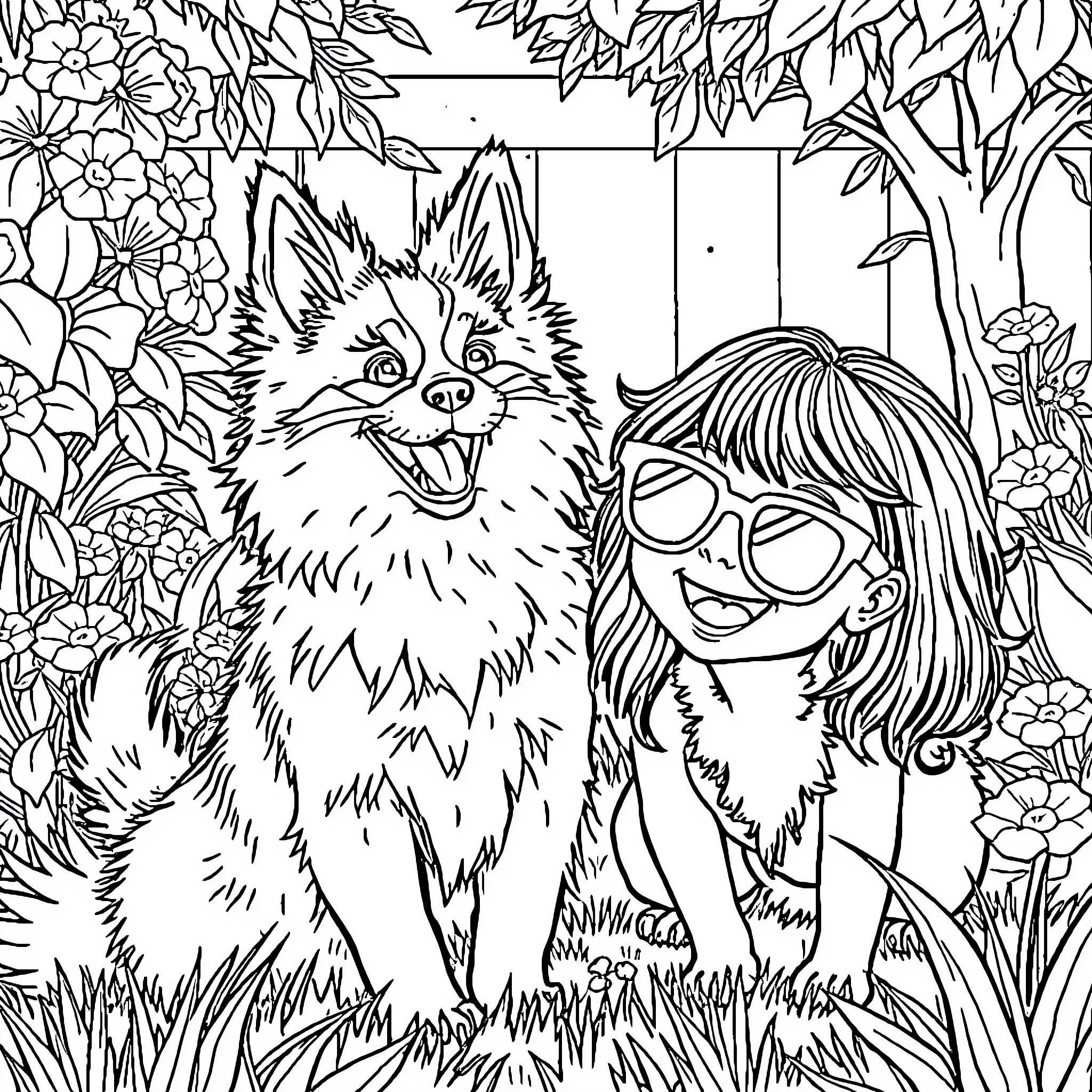 Chihuahua Playfully Exploring Vibrant Garden Scenery Coloring Page (free black-and-white line drawing printable PDF for all, from beginners to advanced learners, including children, teens, adults, and seniors)
