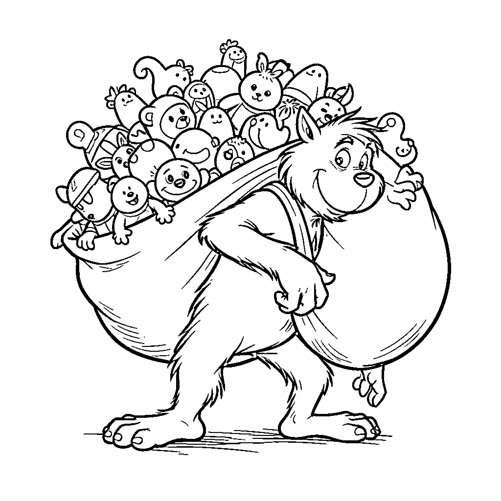 Grinch carrying a large sack full of stuffed toys Coloring Page (free black-and-white line drawing printable PDF for all, from beginners to advanced learners, including children, teens, adults, and seniors)