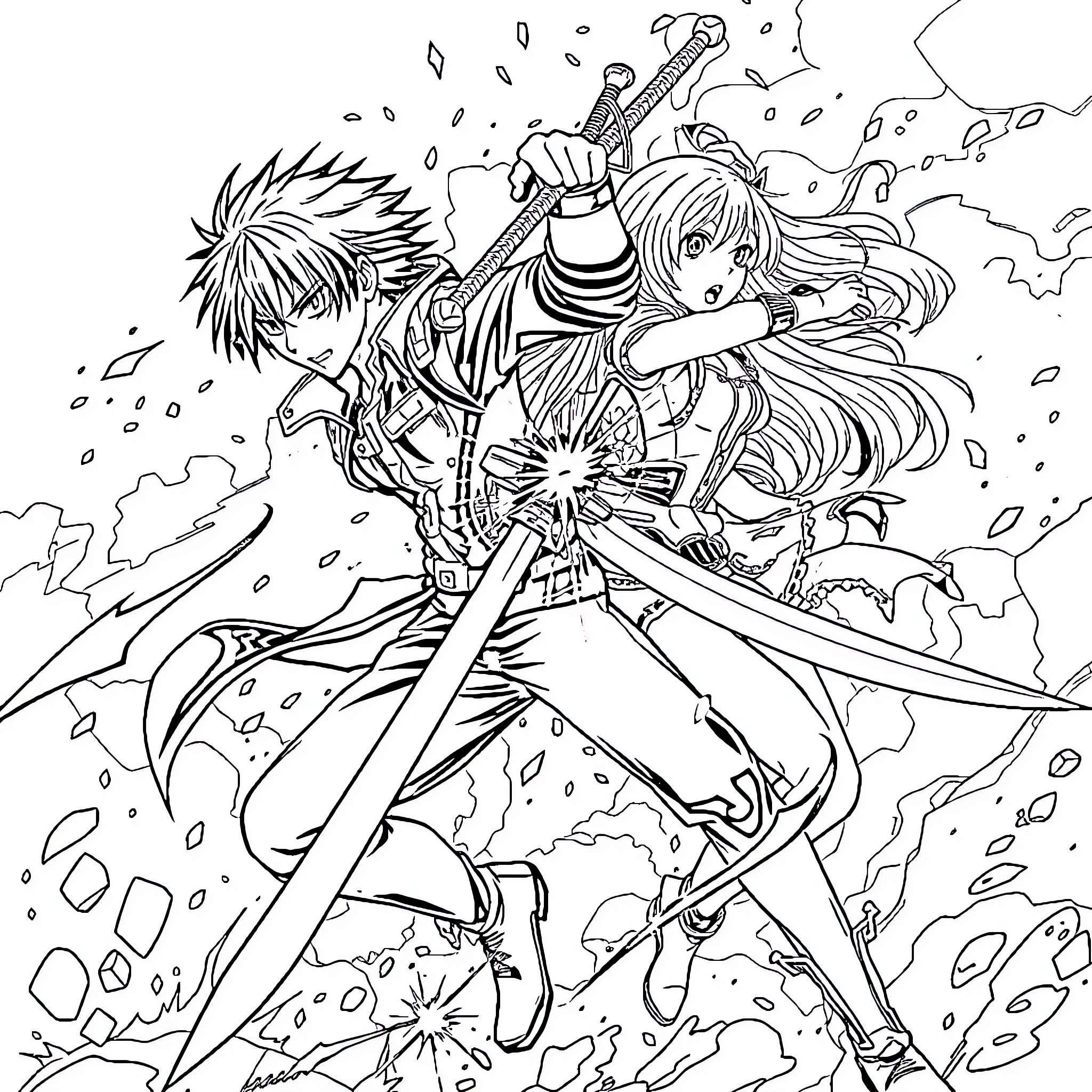 Kirito and Asuna in Epic Sword Battle Coloring Page (free black-and-white line drawing printable PDF for all, from beginners to advanced learners, including children, teens, adults, and seniors)