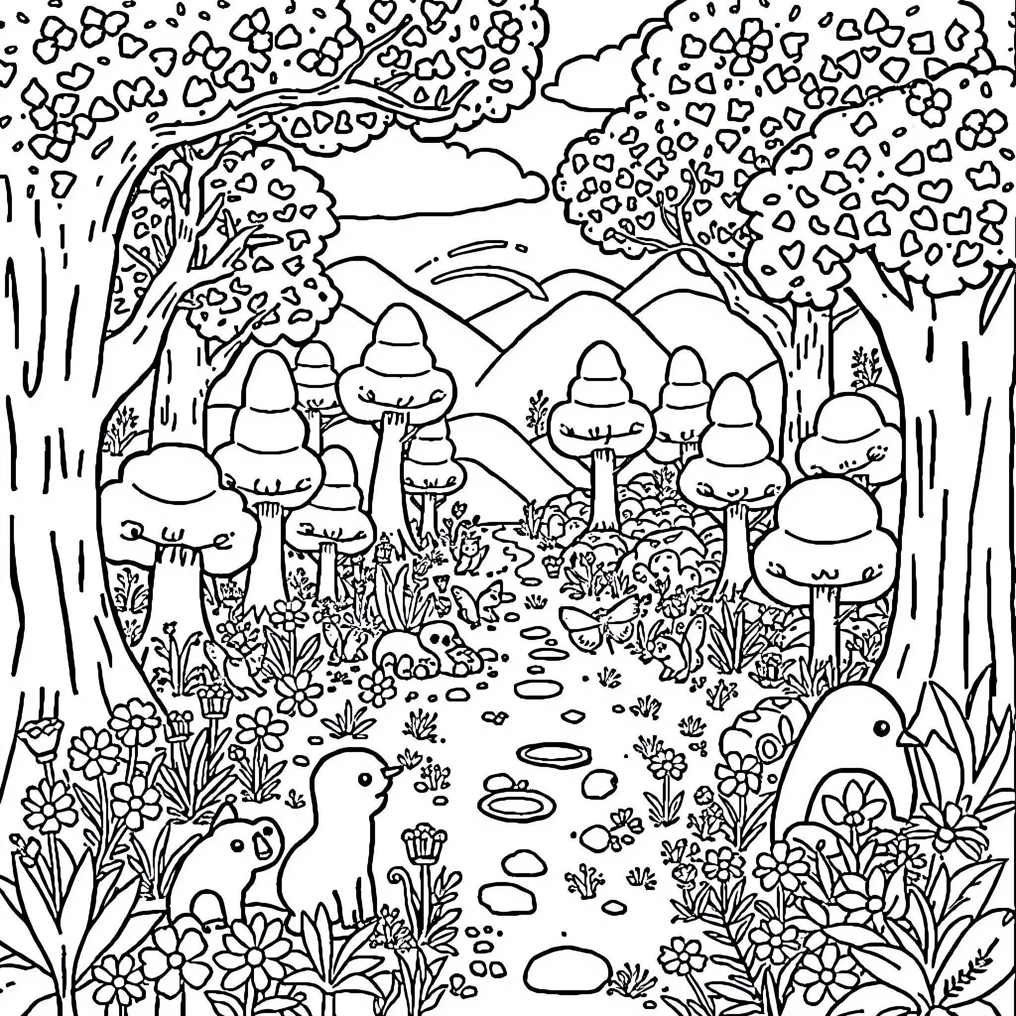 Lego characters exploring a whimsical nature scene Coloring Page (free black-and-white line drawing printable PDF for all, from beginners to advanced learners, including children, teens, adults, and seniors)
