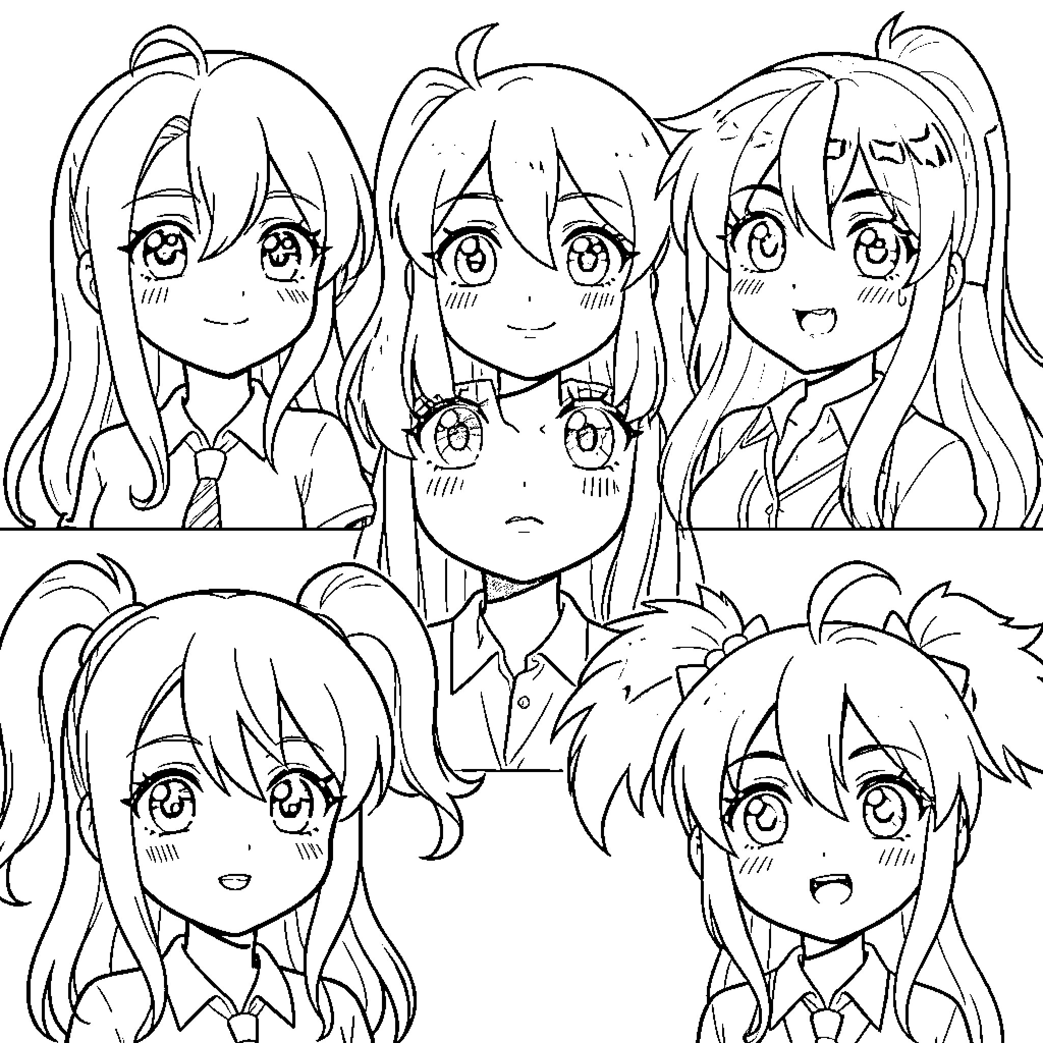 Anime Characters with Expressive Faces and School Uniforms Coloring Page (free black-and-white line drawing printable PDF for all, from beginners to advanced learners, including children, teens, adults, and seniors)