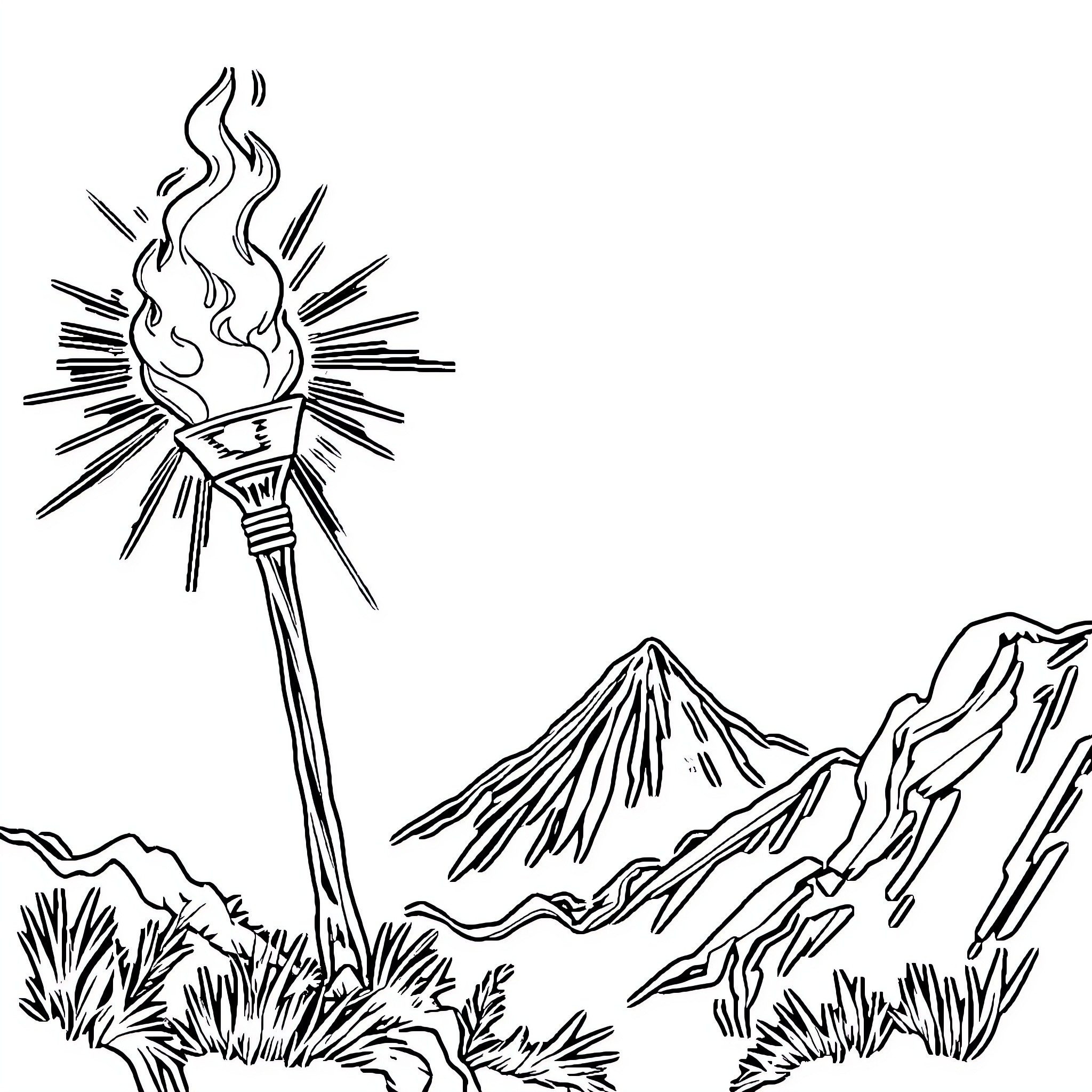 Torch Burning Brightly in Rugged Landscape Coloring Page (free black-and-white line drawing printable PDF for all, from beginners to advanced learners, including children, teens, adults, and seniors)