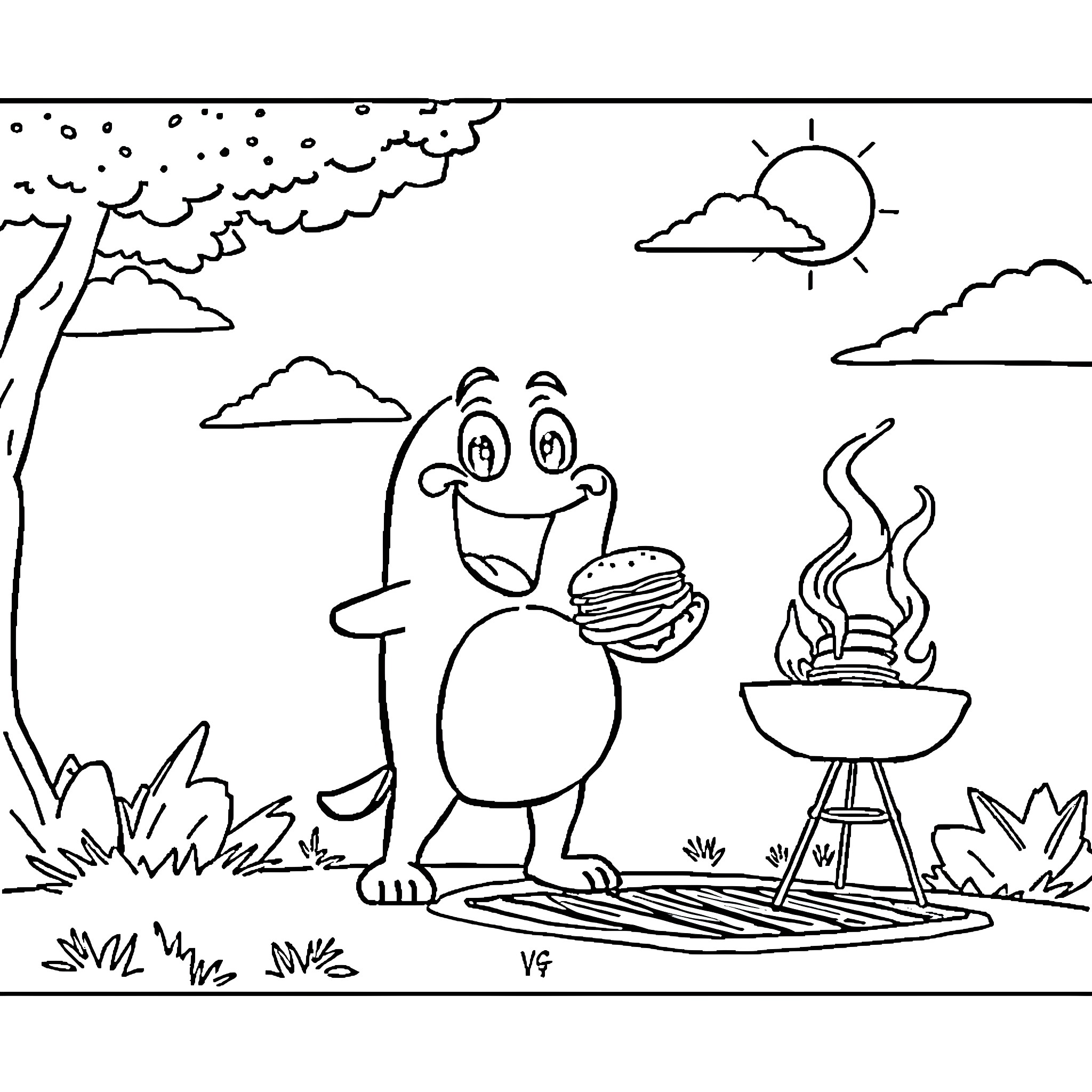 Grogu enjoying a tasty meal by the campfire Coloring Page (free black-and-white line drawing printable PDF for all, from beginners to advanced learners, including children, teens, adults, and seniors)