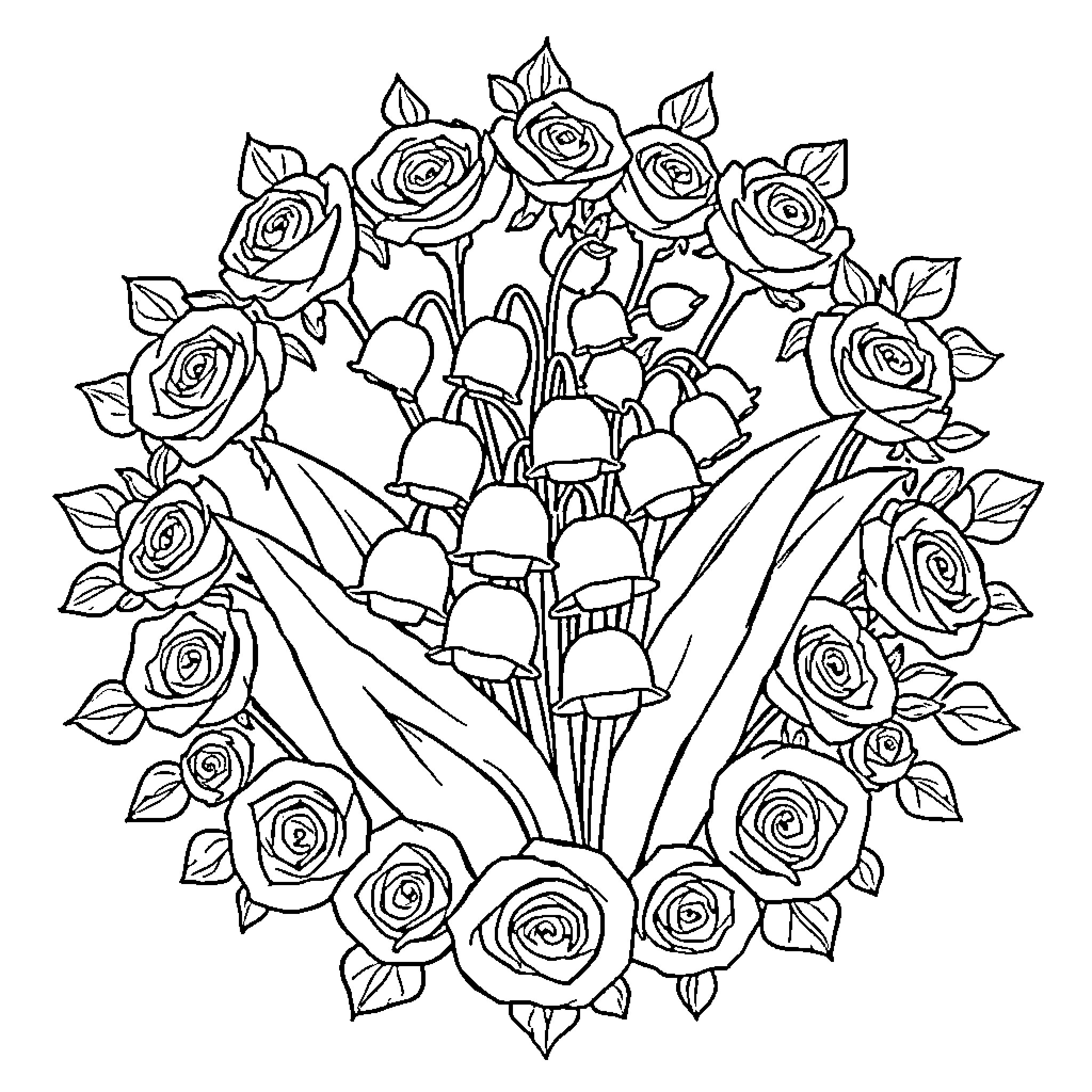 Flower bouquet with intricate petal designs Coloring Page (free black-and-white line drawing printable PDF for all, from beginners to advanced learners, including children, teens, adults, and seniors)