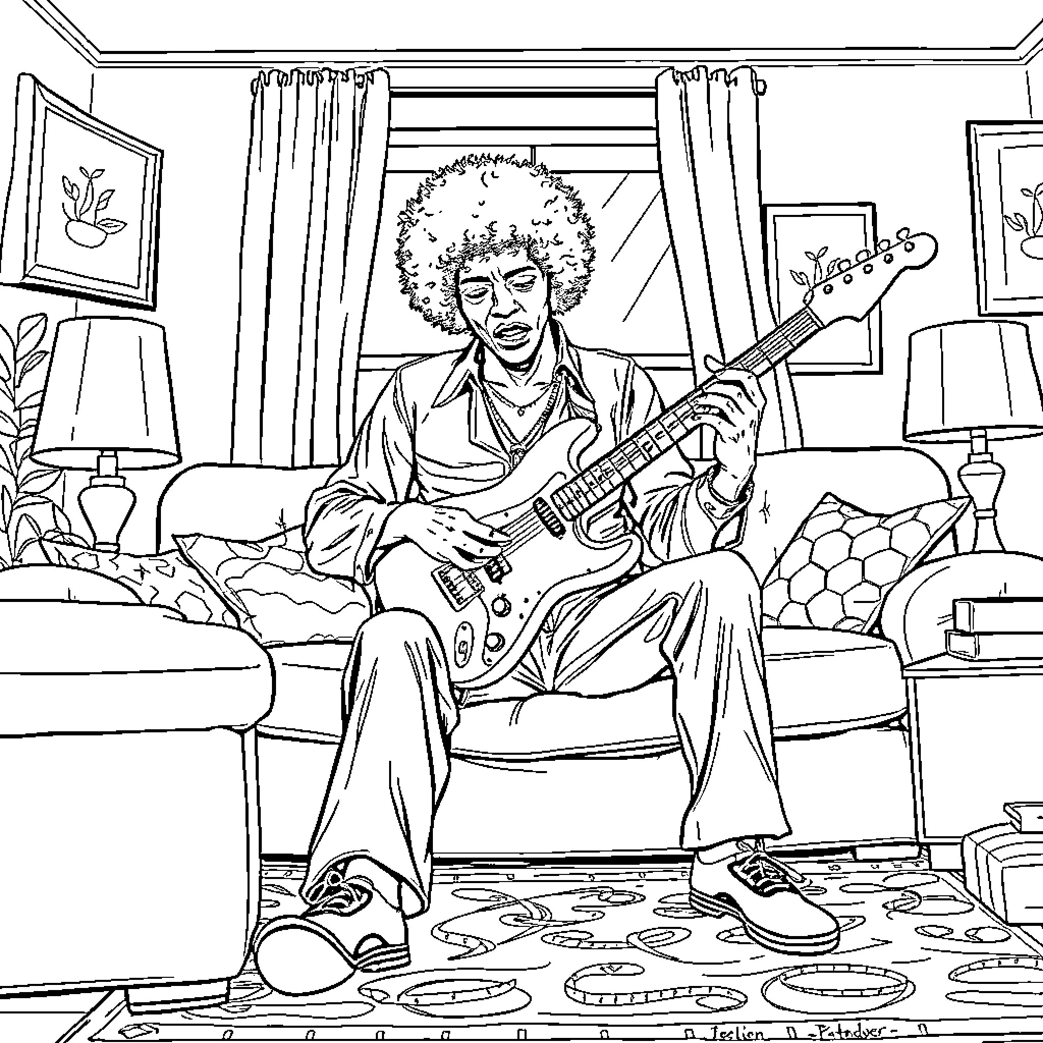 Jimi Hendrix playing electric guitar in living room Coloring Page (free black-and-white line drawing printable PDF for all, from beginners to advanced learners, including children, teens, adults, and seniors)