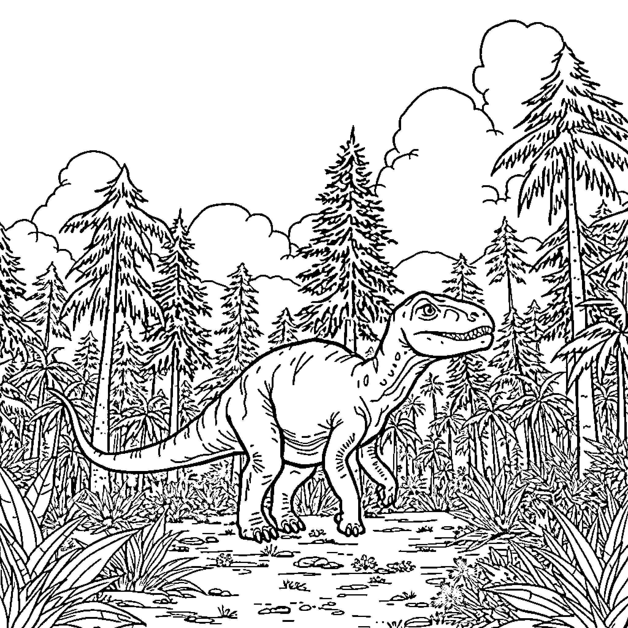 Dinosaur roaming through a lush forest landscape Coloring Page (free black-and-white line drawing printable PDF for all, from beginners to advanced learners, including children, teens, adults, and seniors)