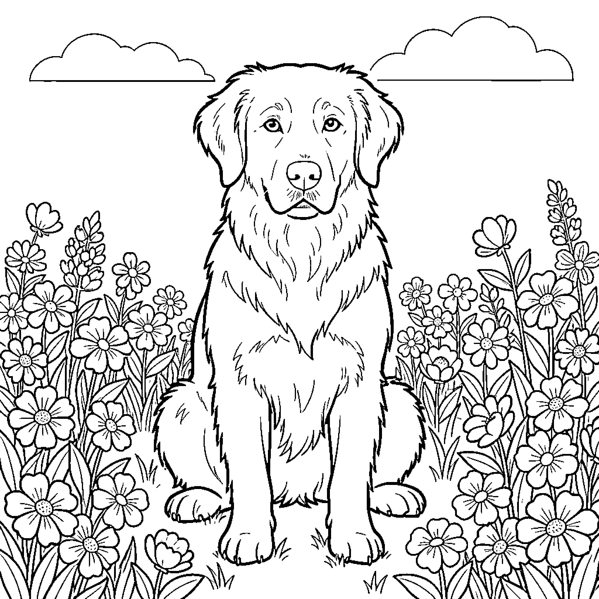 Australian Shepherd sitting calmly among blooming flowers Coloring Page (free black-and-white line drawing printable PDF for all, from beginners to advanced learners, including children, teens, adults, and seniors)