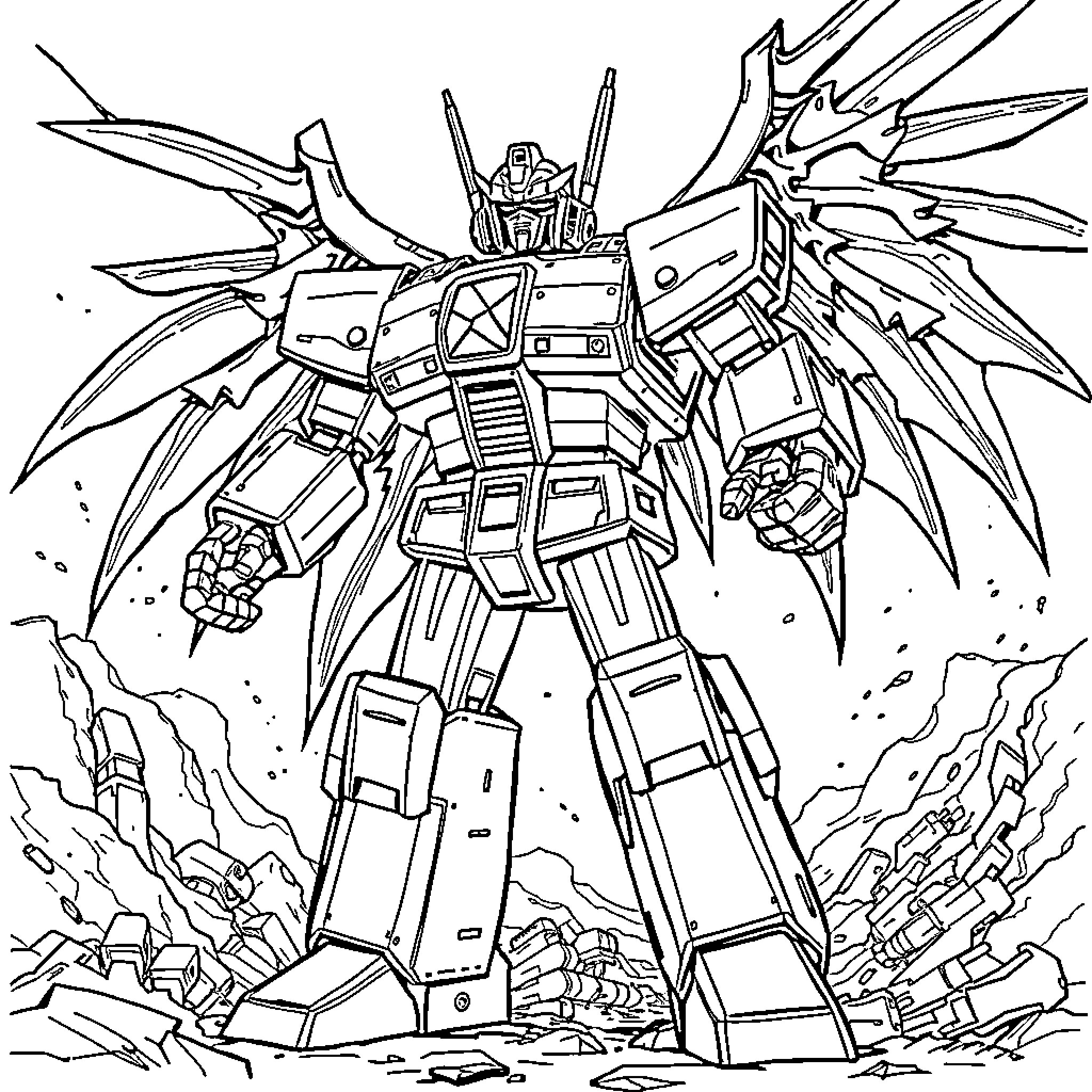 Robot warrior in epic battle stance Coloring Page (free black-and-white line drawing printable PDF for all, from beginners to advanced learners, including children, teens, adults, and seniors)