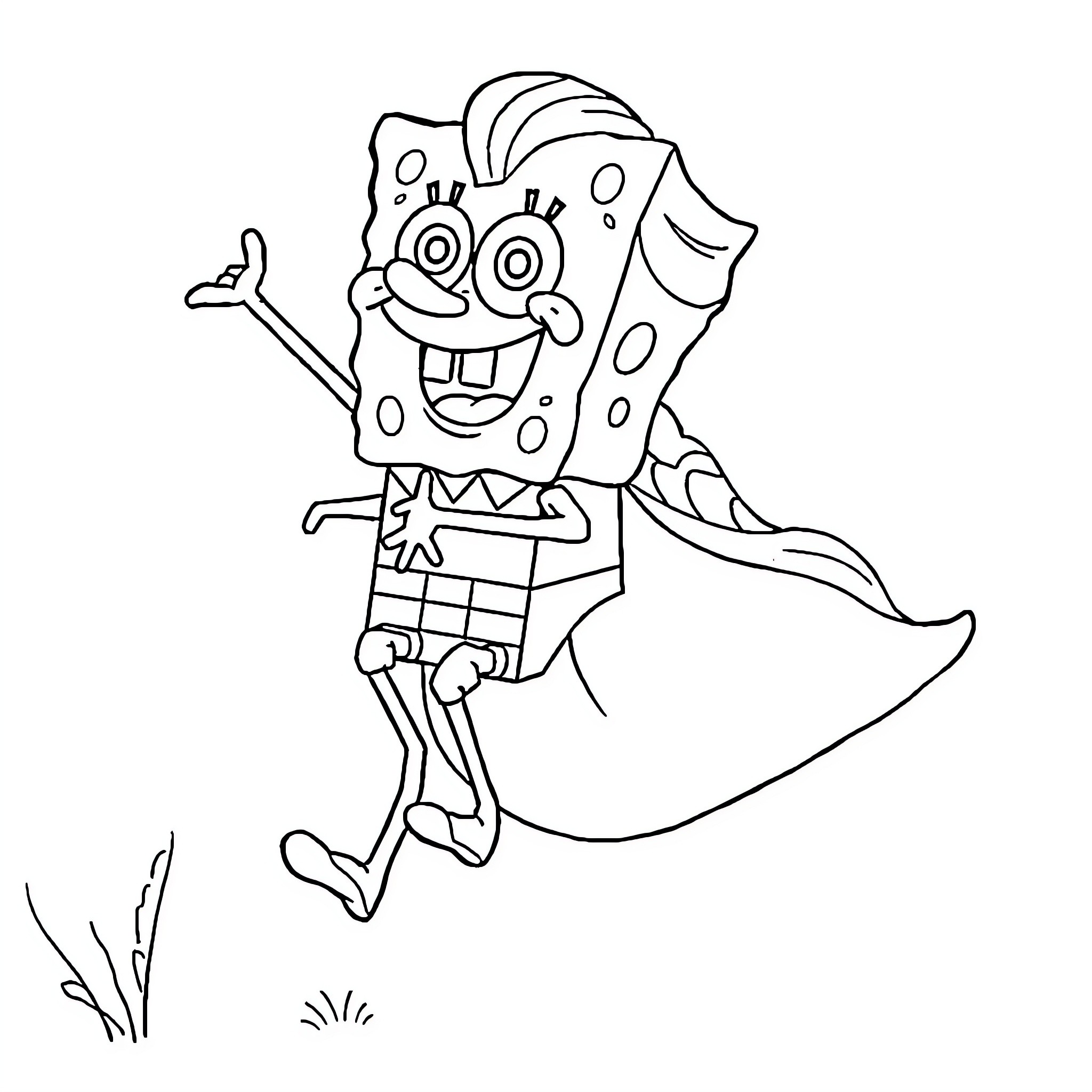 Spongebob jumping enthusiastically in the meadow Coloring Page (free black-and-white line drawing printable PDF for all, from beginners to advanced learners, including children, teens, adults, and seniors)