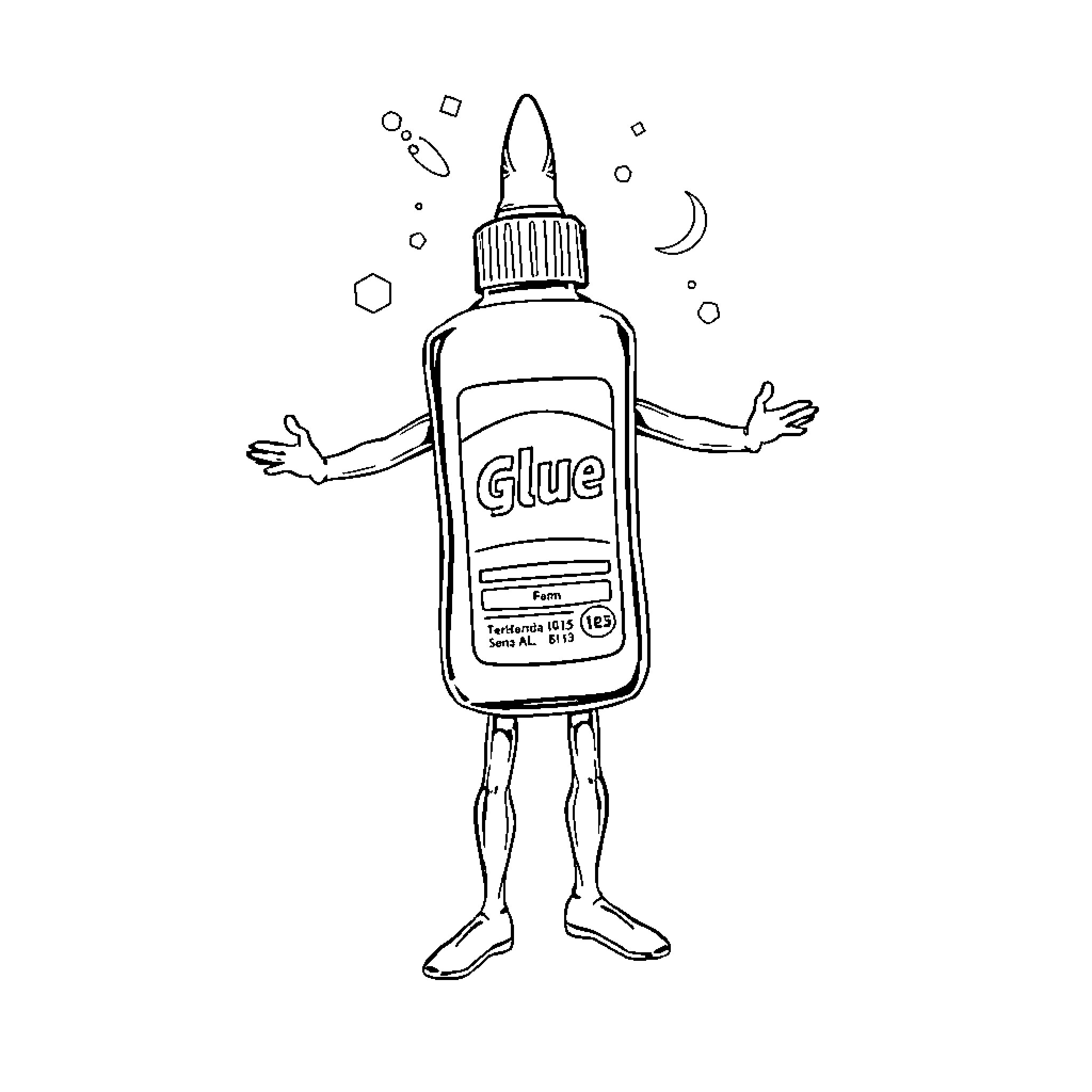 Glue Bottle Character with Outstretched Arms Coloring Page (free black-and-white line drawing printable PDF for all, from beginners to advanced learners, including children, teens, adults, and seniors)