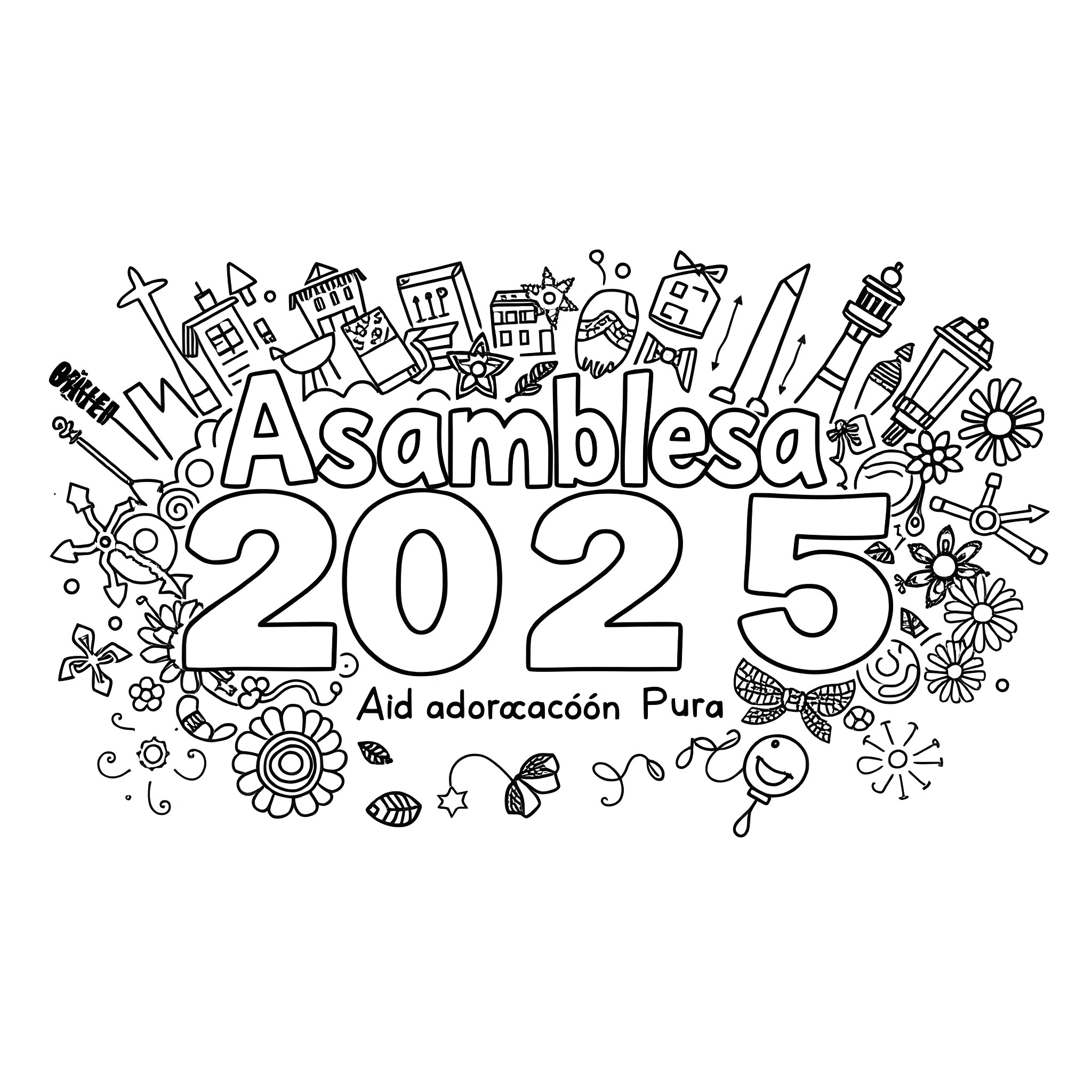 Asamblea 2025 Celebration Coloring Page (free black-and-white line drawing printable PDF for all, from beginners to advanced learners, including children, teens, adults, and seniors)
