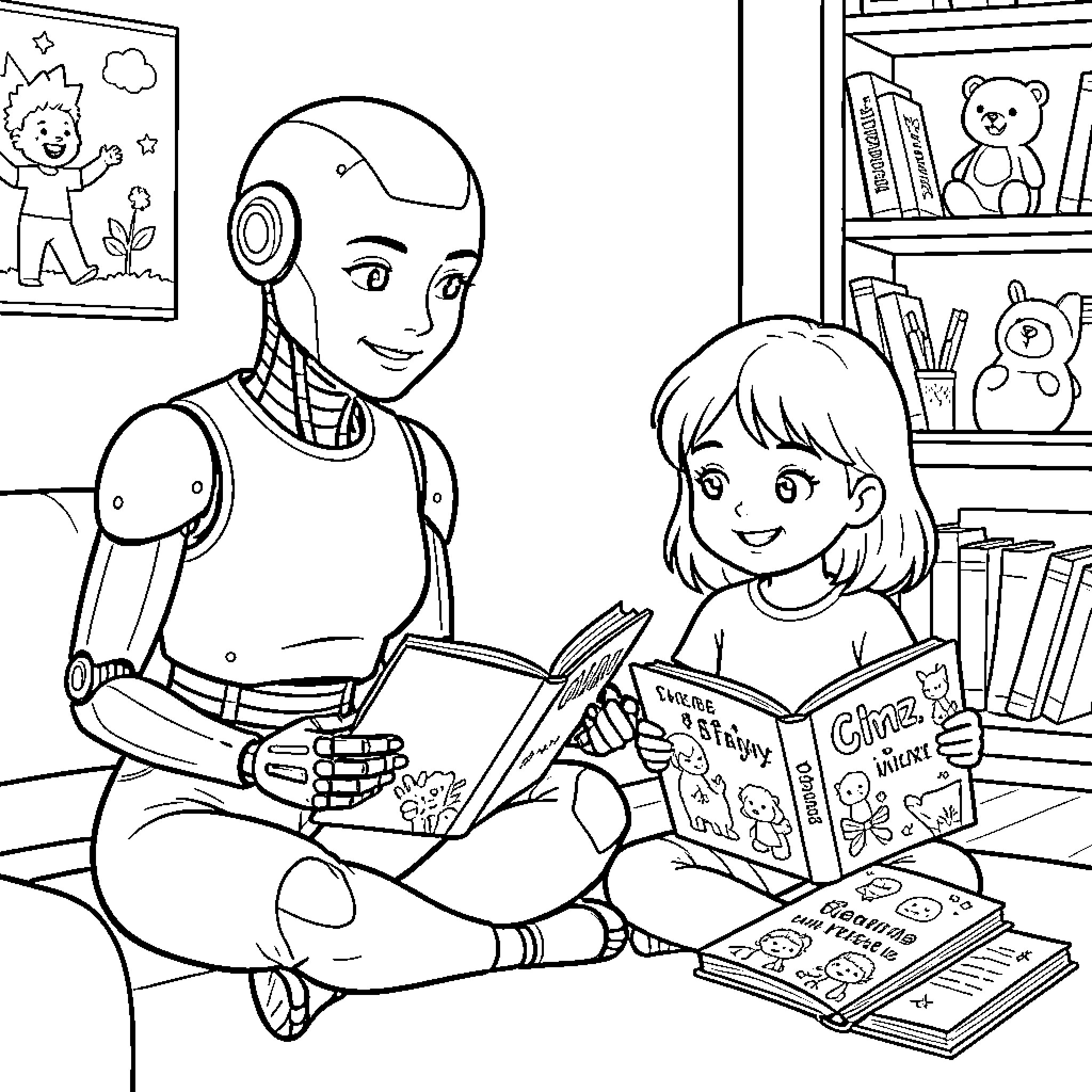 Android reading a storybook with a young girl Coloring Page (free black-and-white line drawing printable PDF for all, from beginners to advanced learners, including children, teens, adults, and seniors)