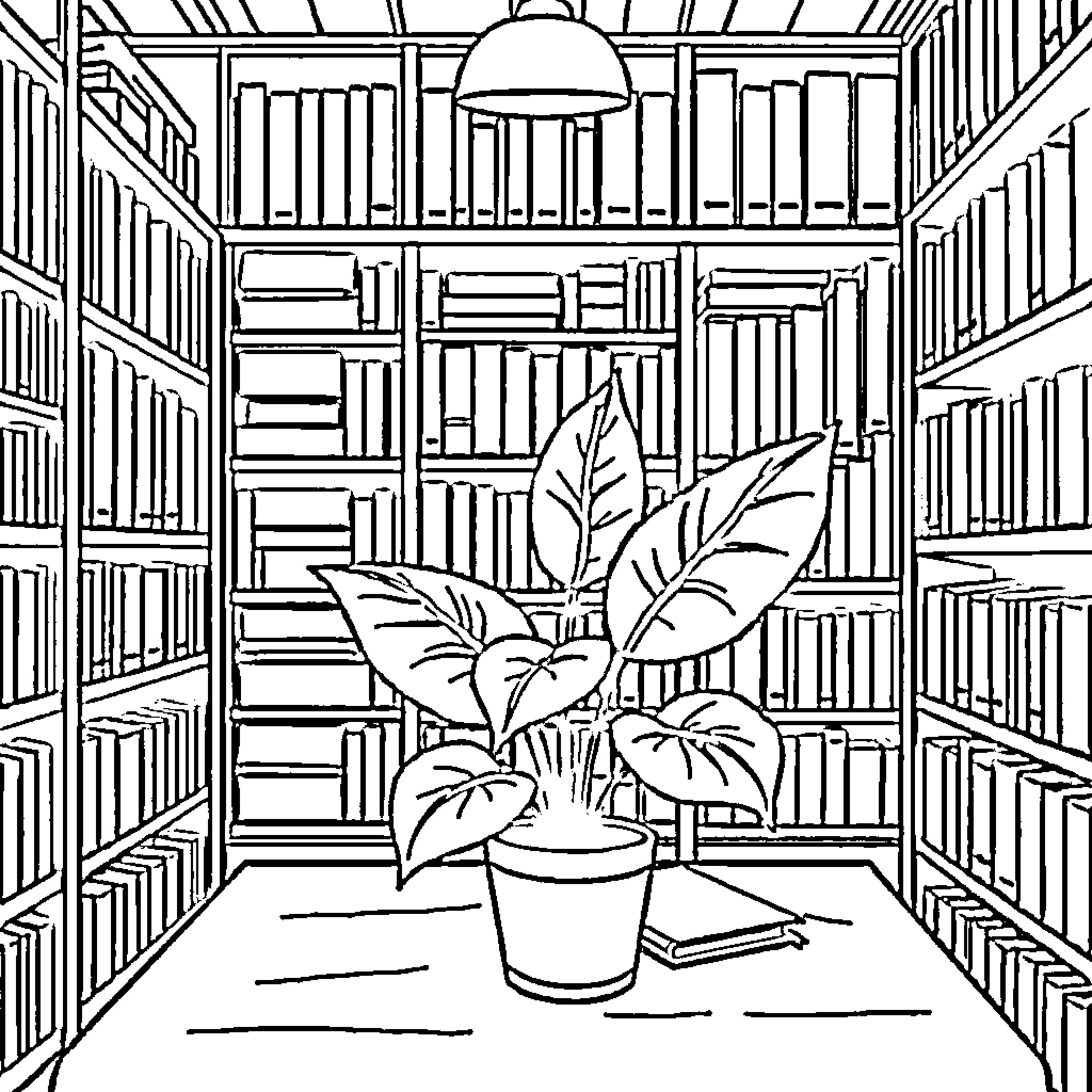 Library with Bookshelves and Plant Coloring Page (free black-and-white line drawing printable PDF for all, from beginners to advanced learners, including children, teens, adults, and seniors)