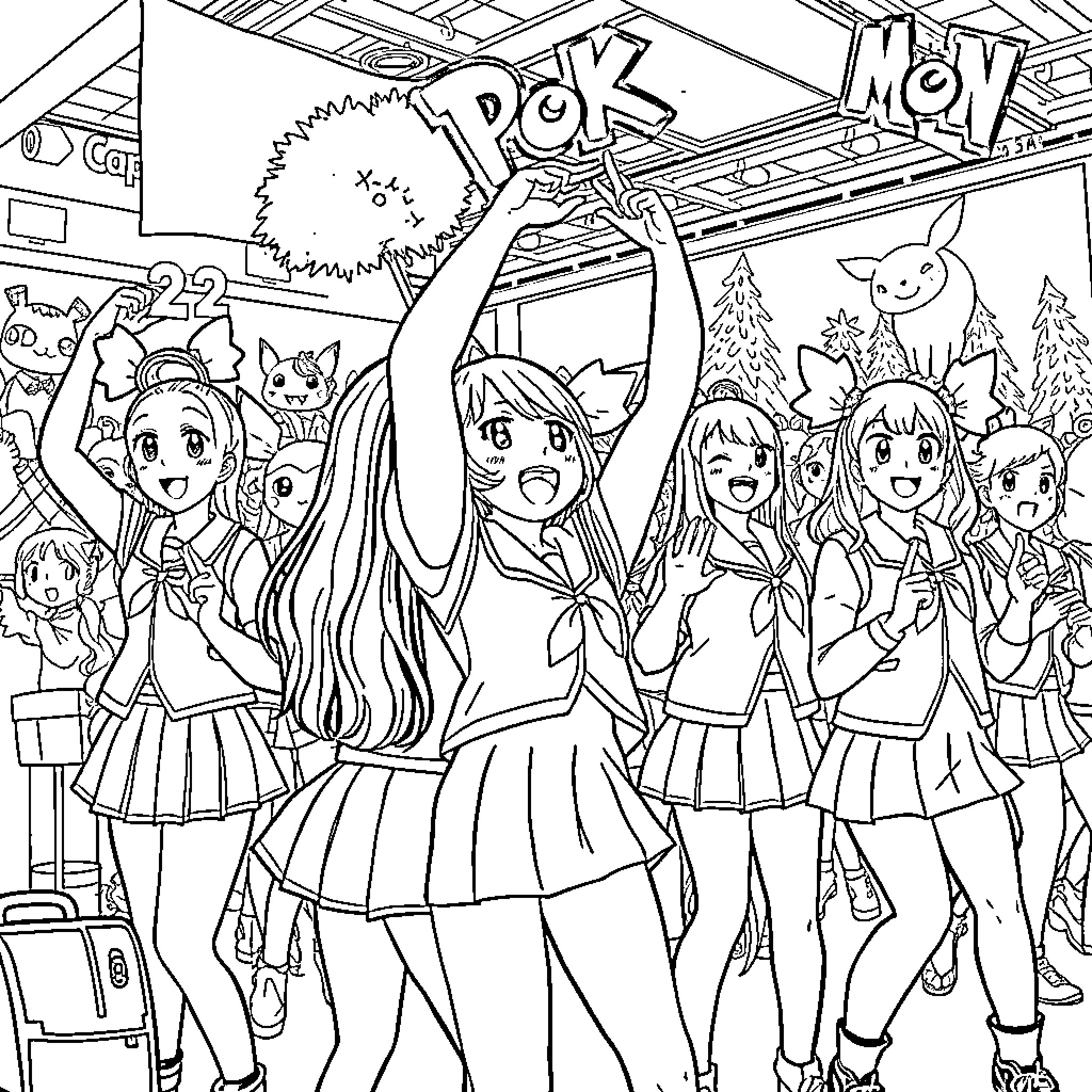 Cheerleaders performing energetic dance at anime event Coloring Page (free black-and-white line drawing printable PDF for all, from beginners to advanced learners, including children, teens, adults, and seniors)