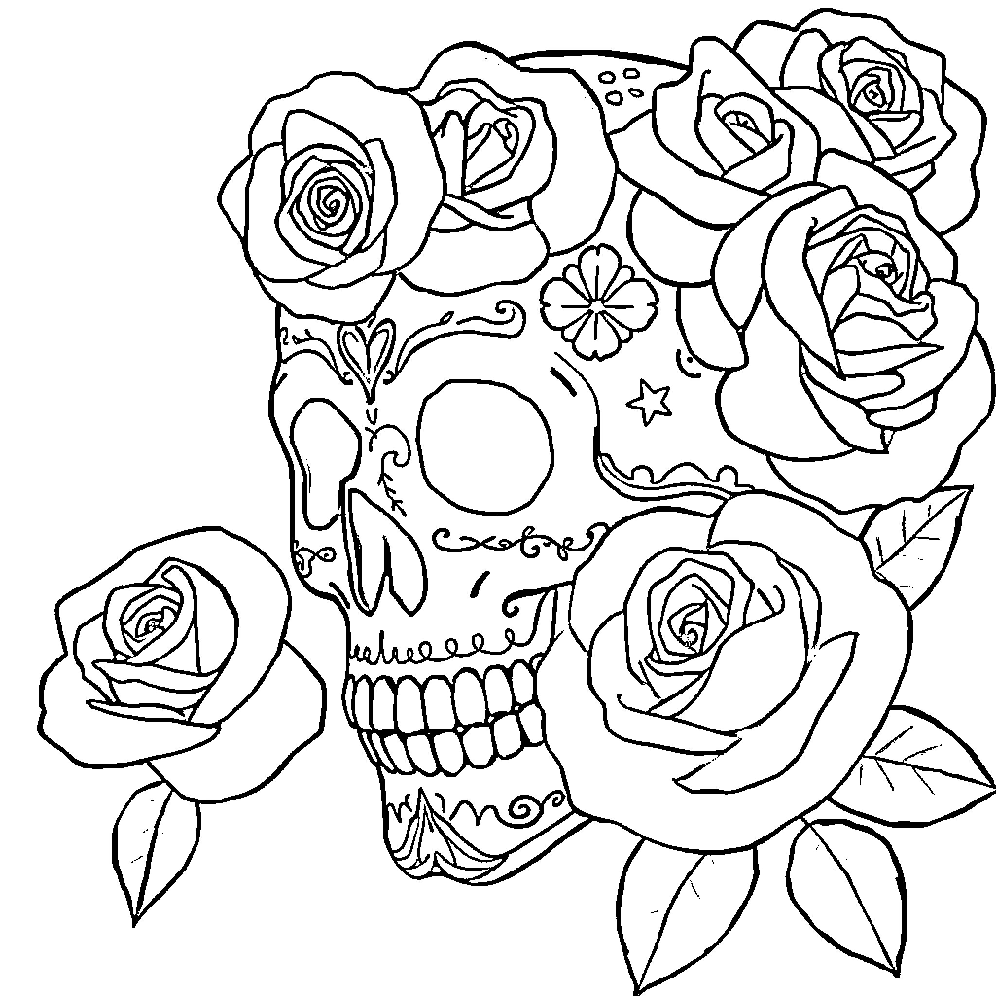 Sugar Skull Surrounded by Decorated Roses Coloring Page (free black-and-white line drawing printable PDF for all, from beginners to advanced learners, including children, teens, adults, and seniors)