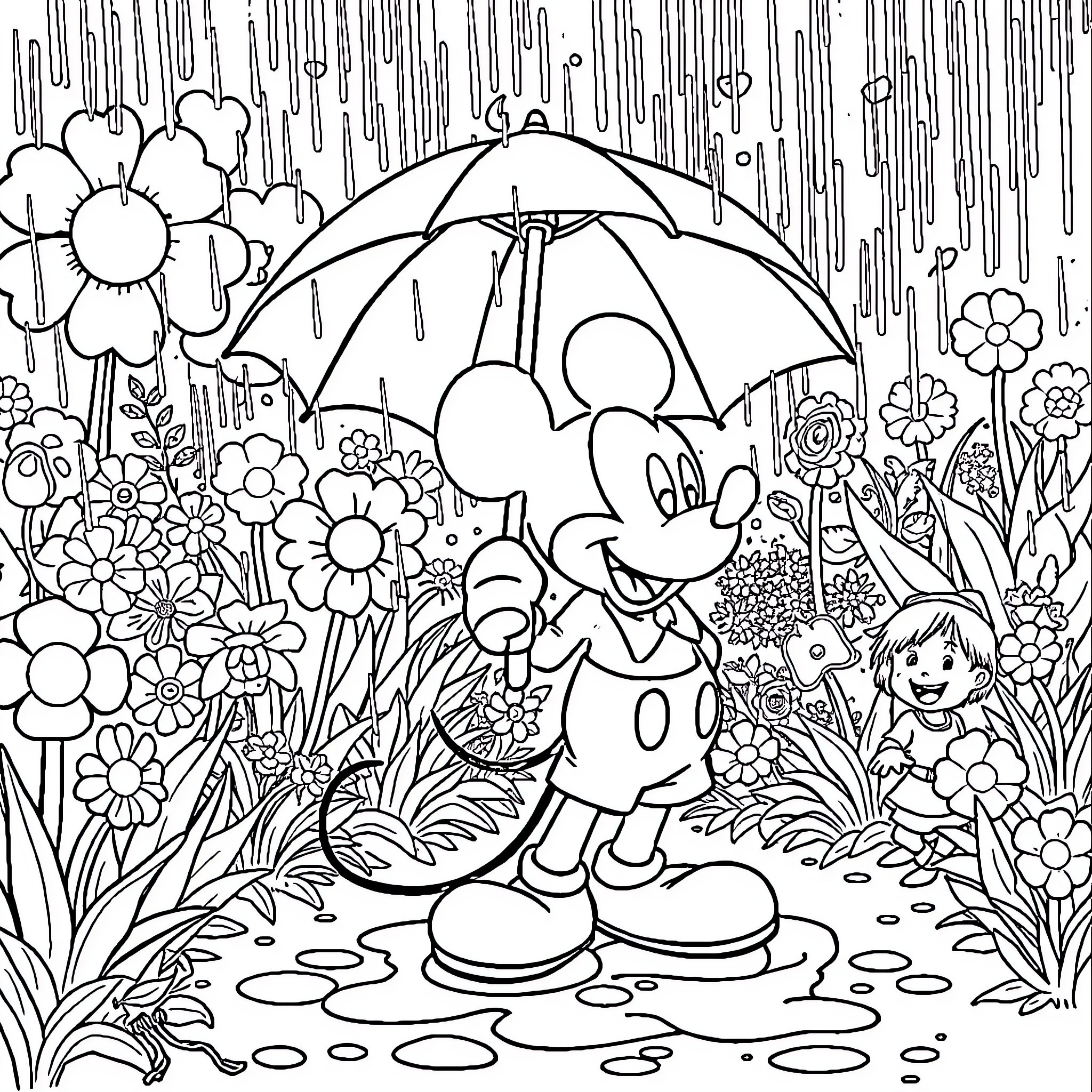 Mickey Mouse exploring a rainy garden with friends Coloring Page (free black-and-white line drawing printable PDF for all, from beginners to advanced learners, including children, teens, adults, and seniors)