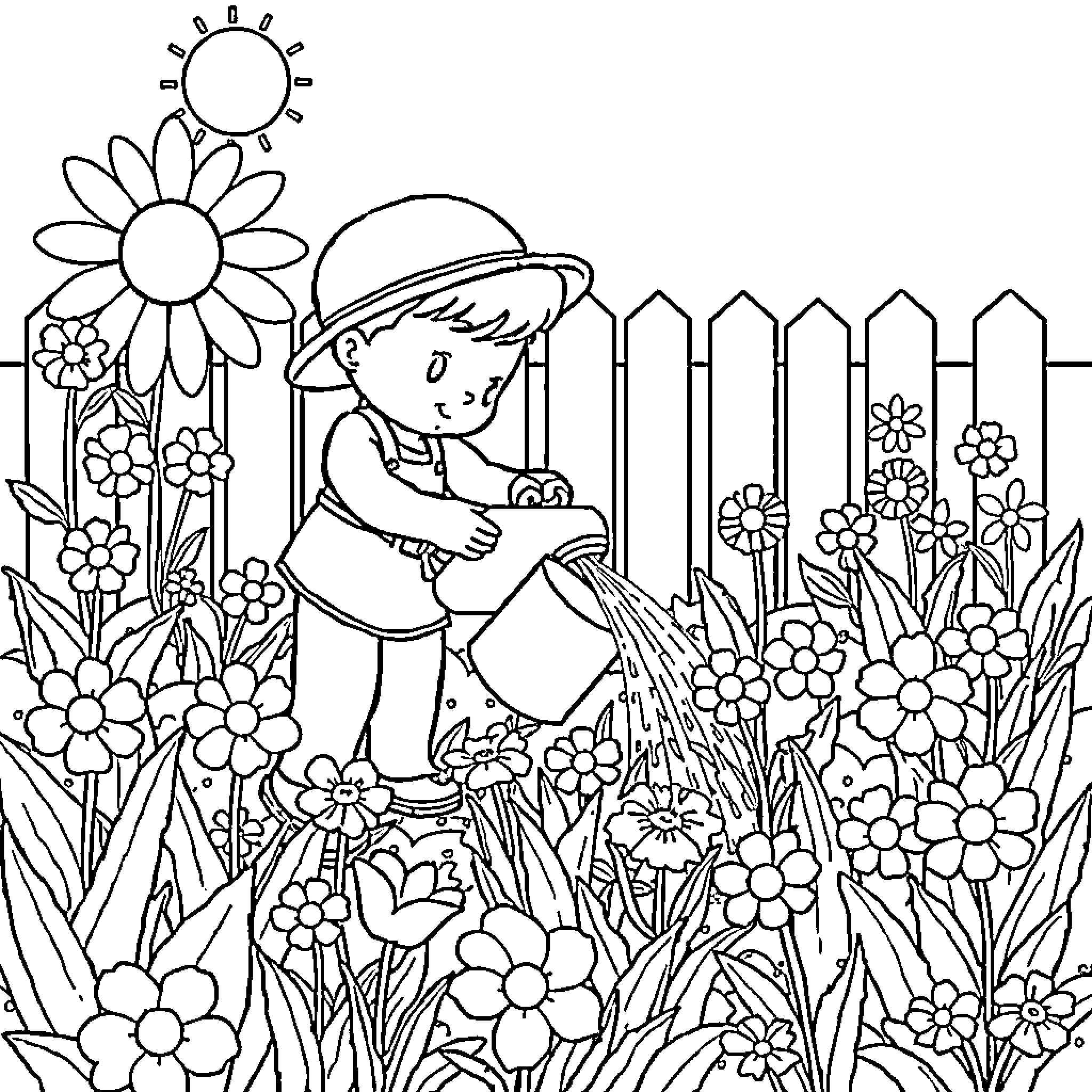 Capybara gardening in a colorful flower garden Coloring Page (free black-and-white line drawing printable PDF for all, from beginners to advanced learners, including children, teens, adults, and seniors)