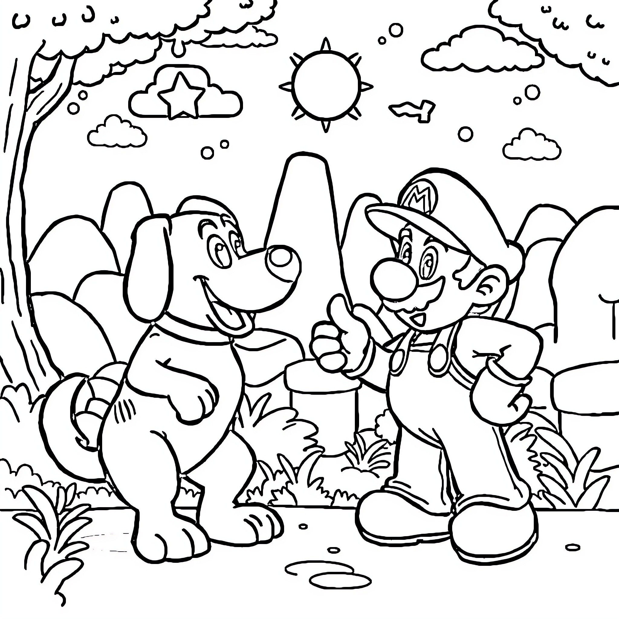 Dog Man and Friend Explore the Outdoors Coloring Page (free black-and-white line drawing printable PDF for all, from beginners to advanced learners, including children, teens, adults, and seniors)