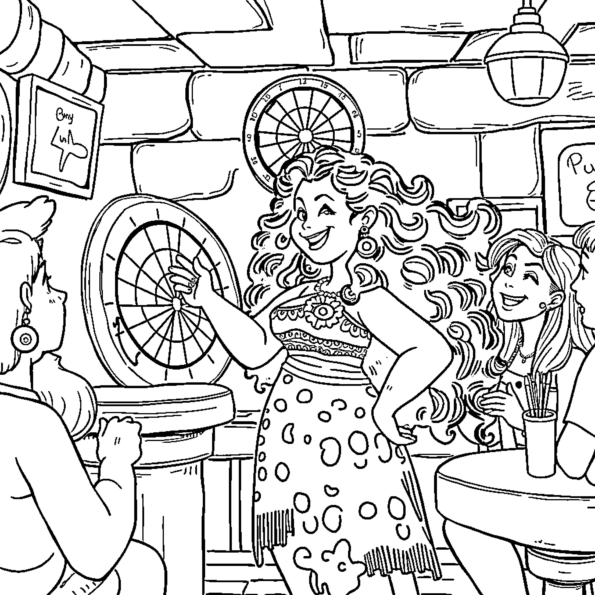 Moana Enjoying a Lively Party Scene Coloring Page (free black-and-white line drawing printable PDF for all, from beginners to advanced learners, including children, teens, adults, and seniors)