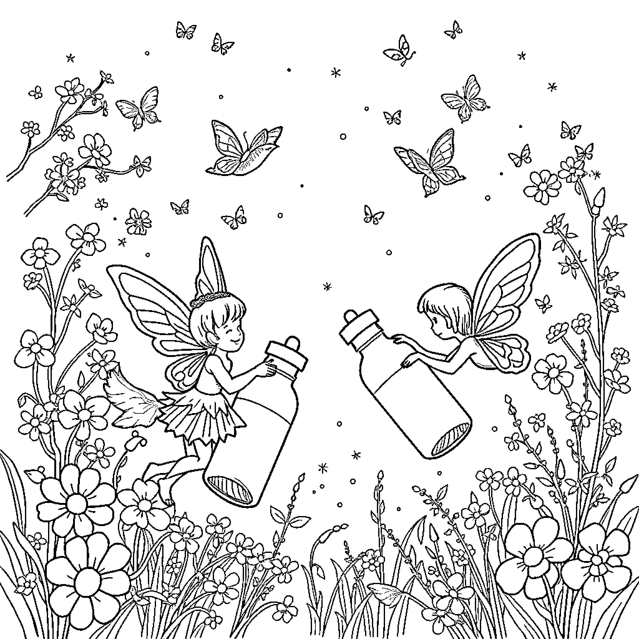 Fairy Creatures Exploring Floral Wonderland Coloring Page (free black-and-white line drawing printable PDF for all, from beginners to advanced learners, including children, teens, adults, and seniors)