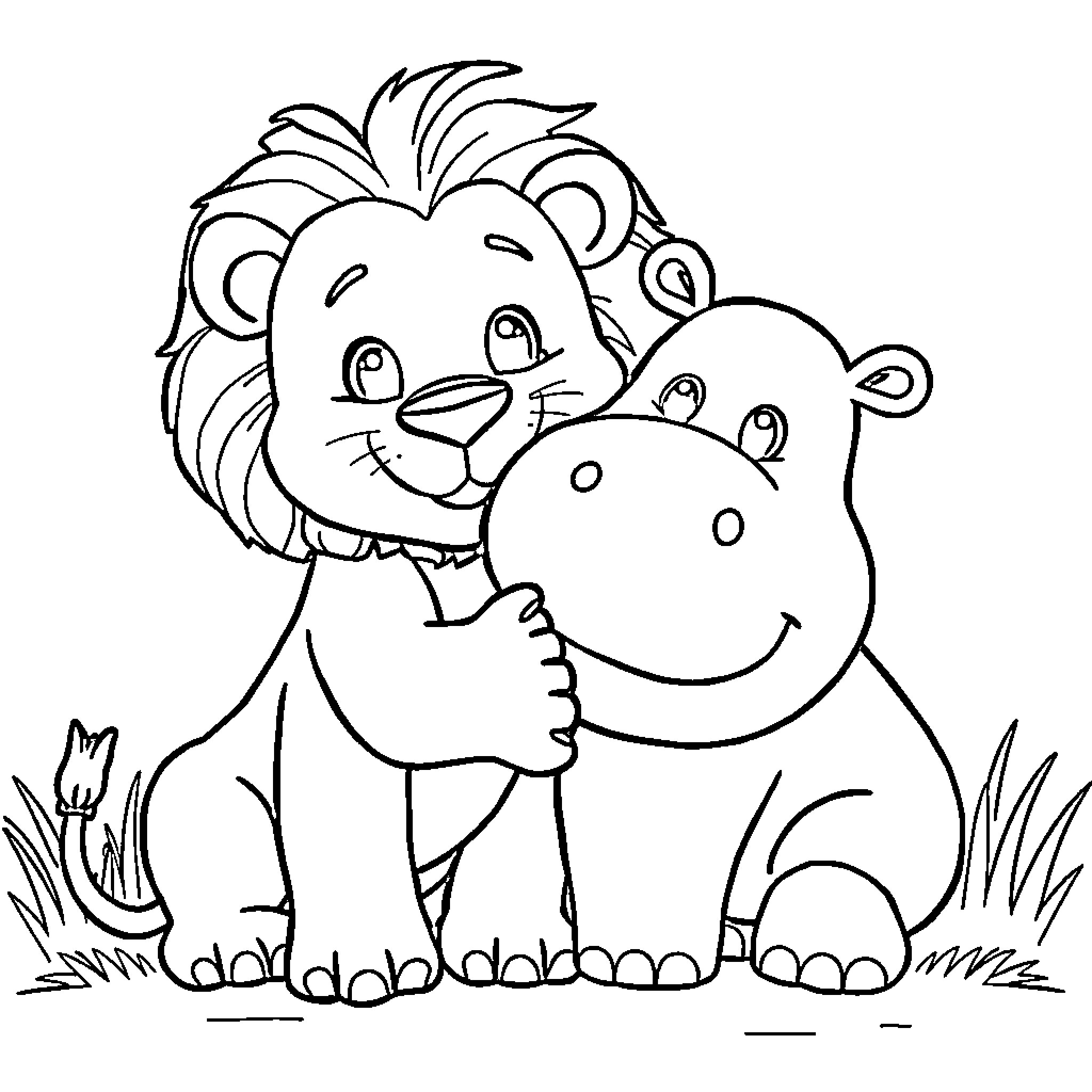 Lion hugging a happy hippo in the wild Coloring Page (free black-and-white line drawing printable PDF for all, from beginners to advanced learners, including children, teens, adults, and seniors)