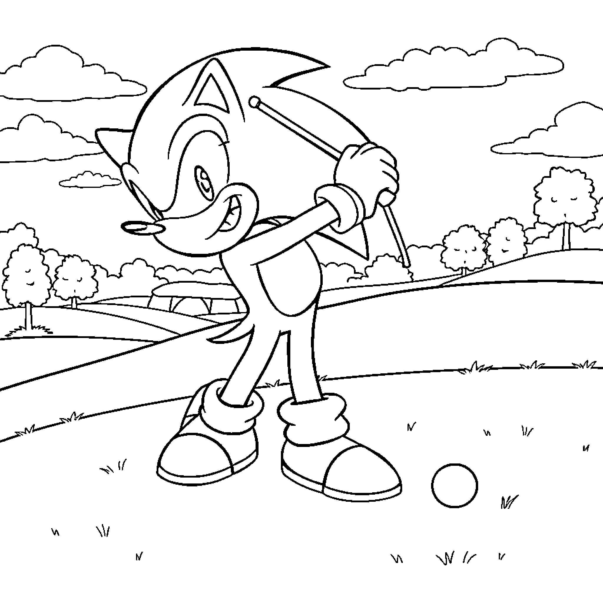 Sonic the hedgehog enjoying outdoor activities Coloring Page (free black-and-white line drawing printable PDF for all, from beginners to advanced learners, including children, teens, adults, and seniors)