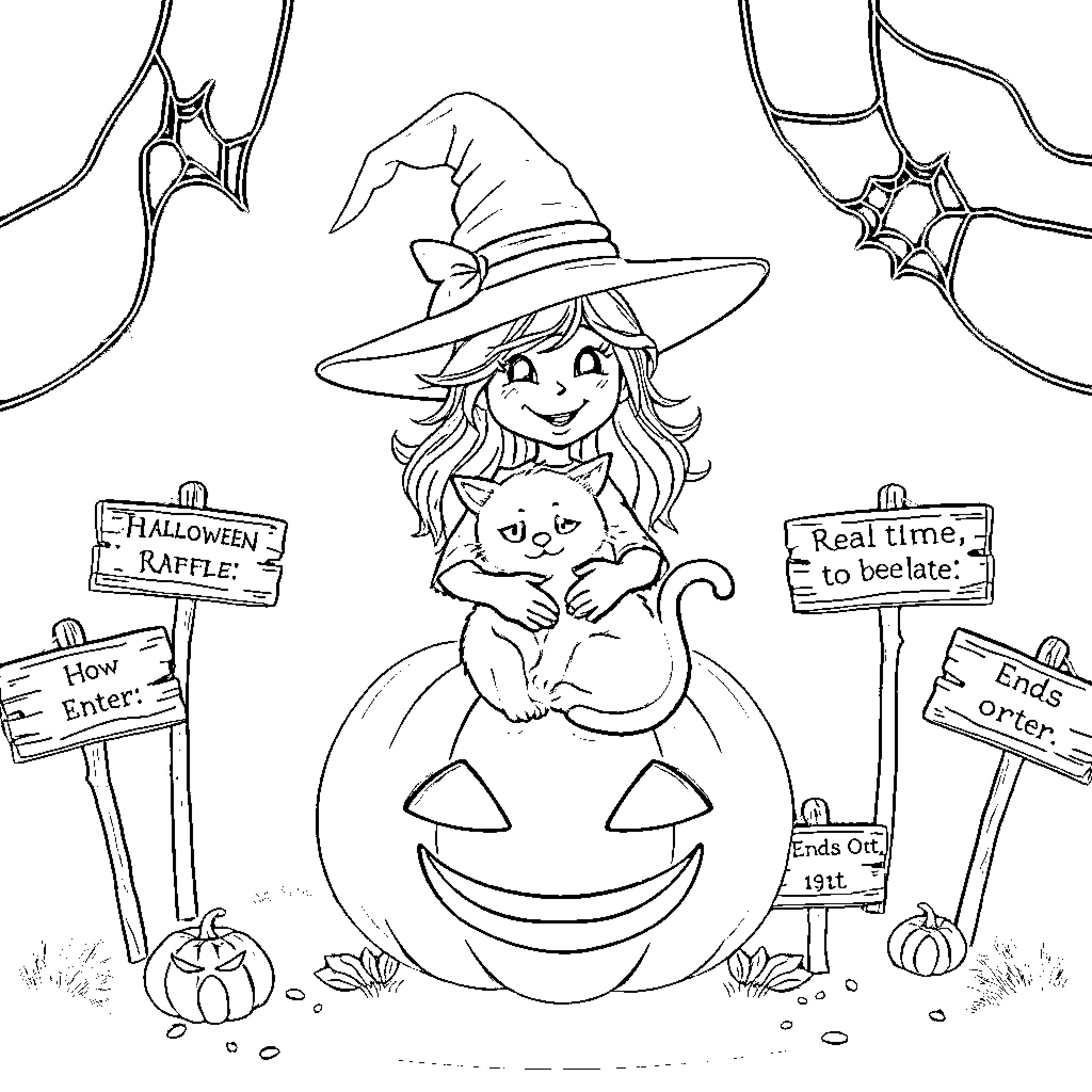 Witch with pumpkin head and Halloween signs Coloring Page (free black-and-white line drawing printable PDF for all, from beginners to advanced learners, including children, teens, adults, and seniors)