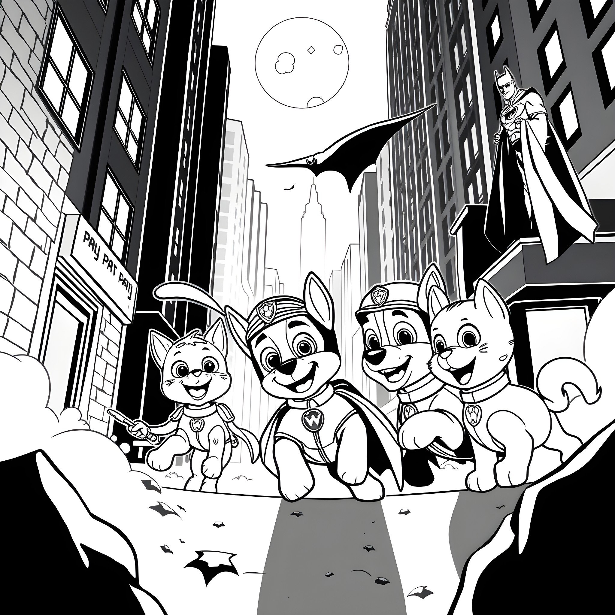 Paw Patrol team on a heroic adventure in the city Coloring Page (free black-and-white line drawing printable PDF for all, from beginners to advanced learners, including children, teens, adults, and seniors)