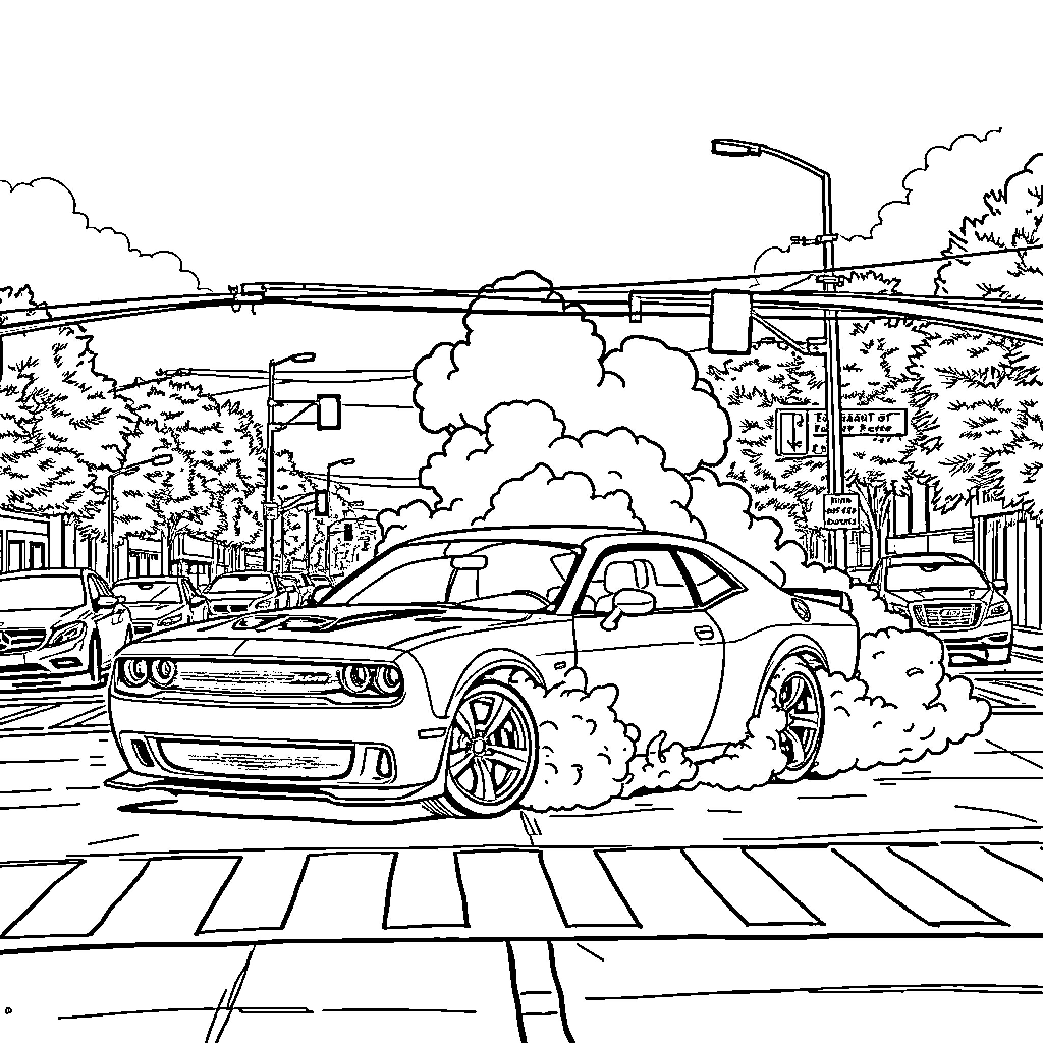Dodge Charger speeding through a city street Coloring Page (free black-and-white line drawing printable PDF for all, from beginners to advanced learners, including children, teens, adults, and seniors)