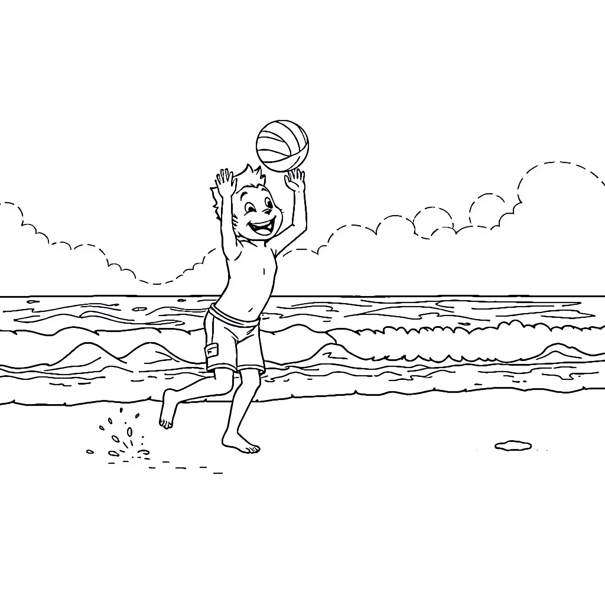 Bluey playing joyfully with beach ball in the ocean Coloring Page (free black-and-white line drawing printable PDF for all, from beginners to advanced learners, including children, teens, adults, and seniors)